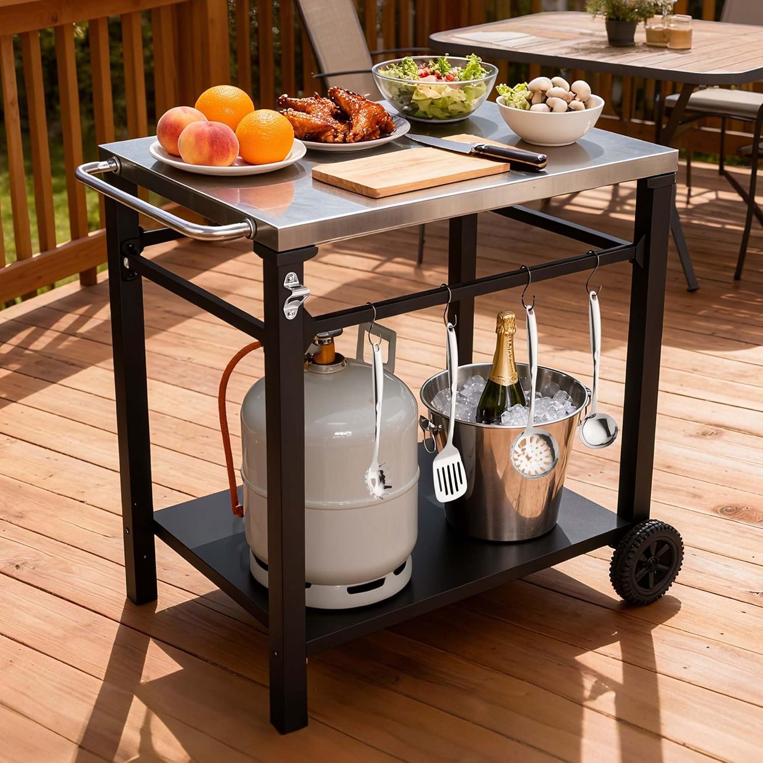 Majnesvon 2-Tier Grill BBQ Cart, 29″ Wx22 D Metal Grilling Table with 2 Large Wheels & 4 Tool Hooks for Outdoor Kitchen Patio Camping (White+2Tire+1Handle)