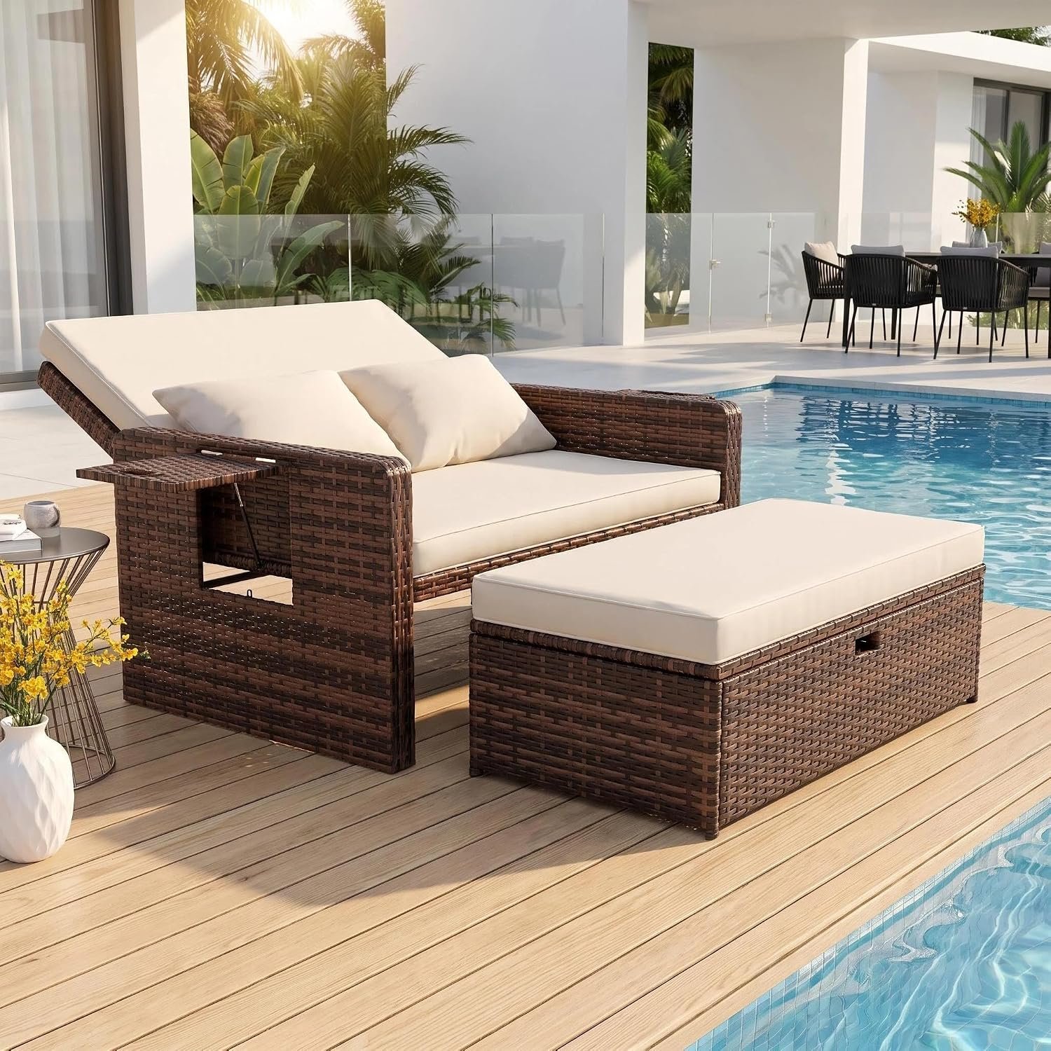 Amopatio Outdoor Daybed, Outdoor Loveseat with Storage Ottoman, Patio Loveseat with 4-Level Adjustable Backrest & Folding Tray, for Yard, Balcony, Porch, Poolside, Beige