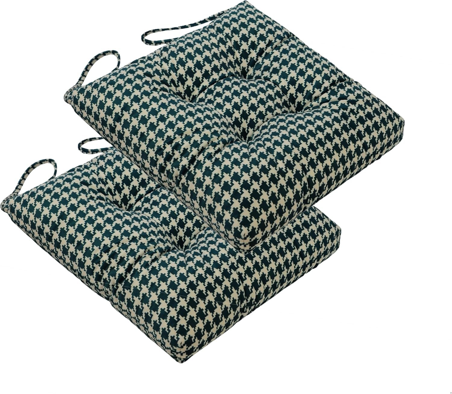 2-Pack Outdoor/Indoor Wicker Patio Seat Cushion Pad with Ties – Dining Chair Cushion, 17″ x 17″ (Green Houndstooth)