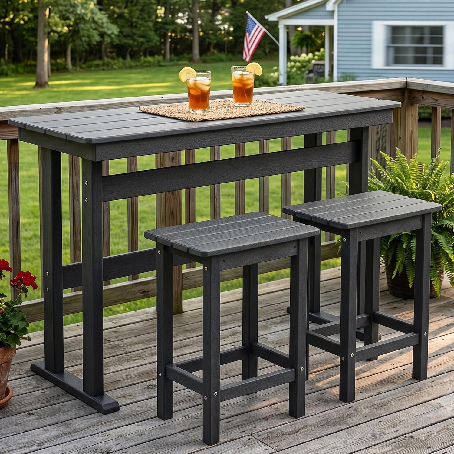3 Pcs HDPE Outdoor Bar Set of 2 Includes Bar Height Table and Chairs, Patio Bar Stools Set for Bistro, Poolside, Backyard, Gray