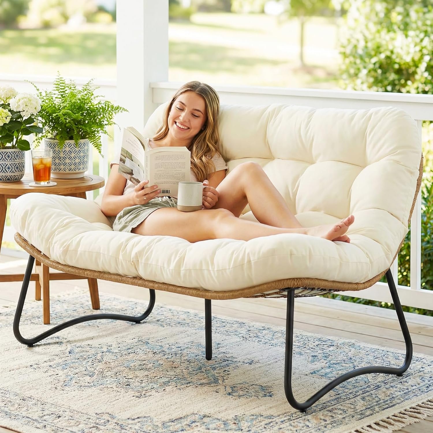 RADIATA Outdoor Patio Loveseat, Boho Lounge Couch with Comfy Thick Cushion, Durable Wicker Papasan Loveseat Furniture, 2 Person Small Balcony Couch for Apartment Porch Backyard Poolside, Beige