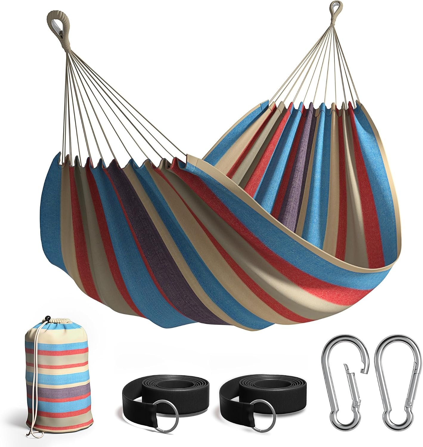Sorbus® Brazilian Double Hammock – Extra-Long Two Person Portable Hammock Bed for Indoor or Outdoor Spaces – Hanging Rope, Carrying Pouch Included (Blue/Sand/Purple/Red Stripes)