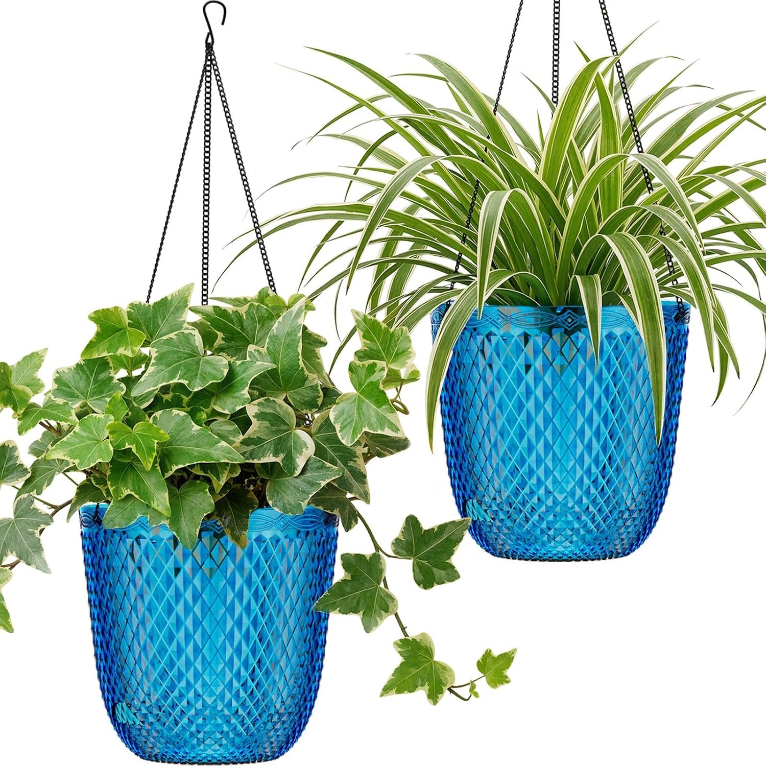 QCQHDU Hanging Planters for Indoor Plants, 2-Pack, 7.2 Inch, Klein Blue | Plastic, Self Watering Plant Hanger, with Drainage Holes, 3 Hooks Chains, For Garden Home