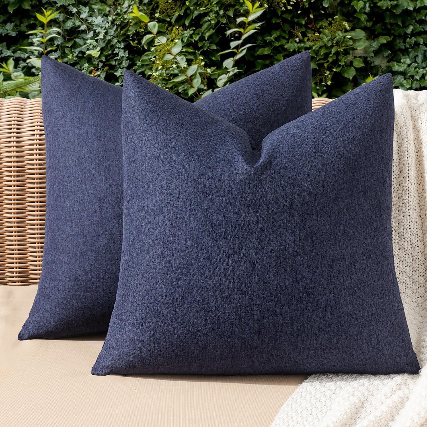 MIULEE Pack of 2 Decorative Outdoor Solid Waterproof Throw Pillow Covers Faux Linen Garden Farmhouse Cushion Cases for Summer Patio Tent Balcony Couch Sofa 18×18 Inch Navy