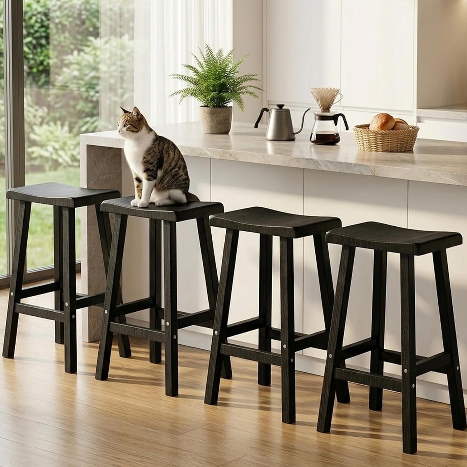 EFU Outdoor Bar Stools Set of 4,All-Weather Patio Stools & Bar Chairs, Heavy Duty Resin Saddle Stool with Protective Foot Pads,Waterproof 29 Inch Stool with Footrest for Deck,Balcony and Yard (Black)