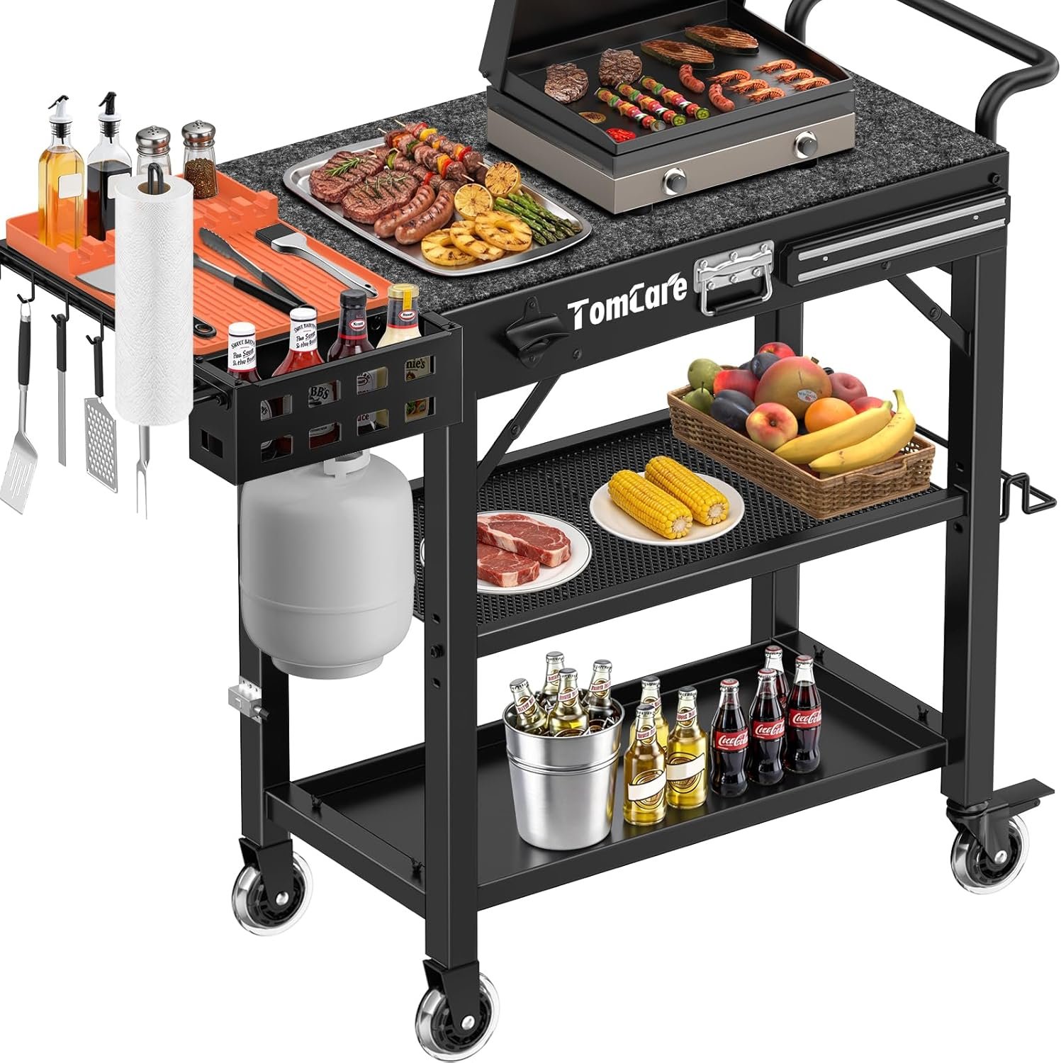 TomCare Grill Table with 3-Tier Storage Shelves Lockable Wheels Grill Cart with Silicone Grill Mat Heavy Duty Outdoor Tabletop Griddle Stand Holds 500Lbs Fits 22” Blackstone Ninja Cuisinart BBQ Grill