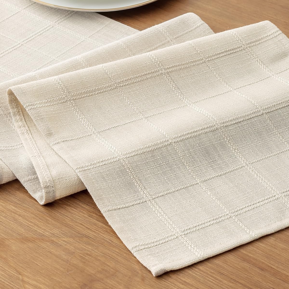 Ivory Rustic Linen Checked Table Runner, Neutral Plaid Embroidered Table Runners 72 inches Long for Dresser Home Kitchen Dining Table Decor, 13×72 Inches, Ivory