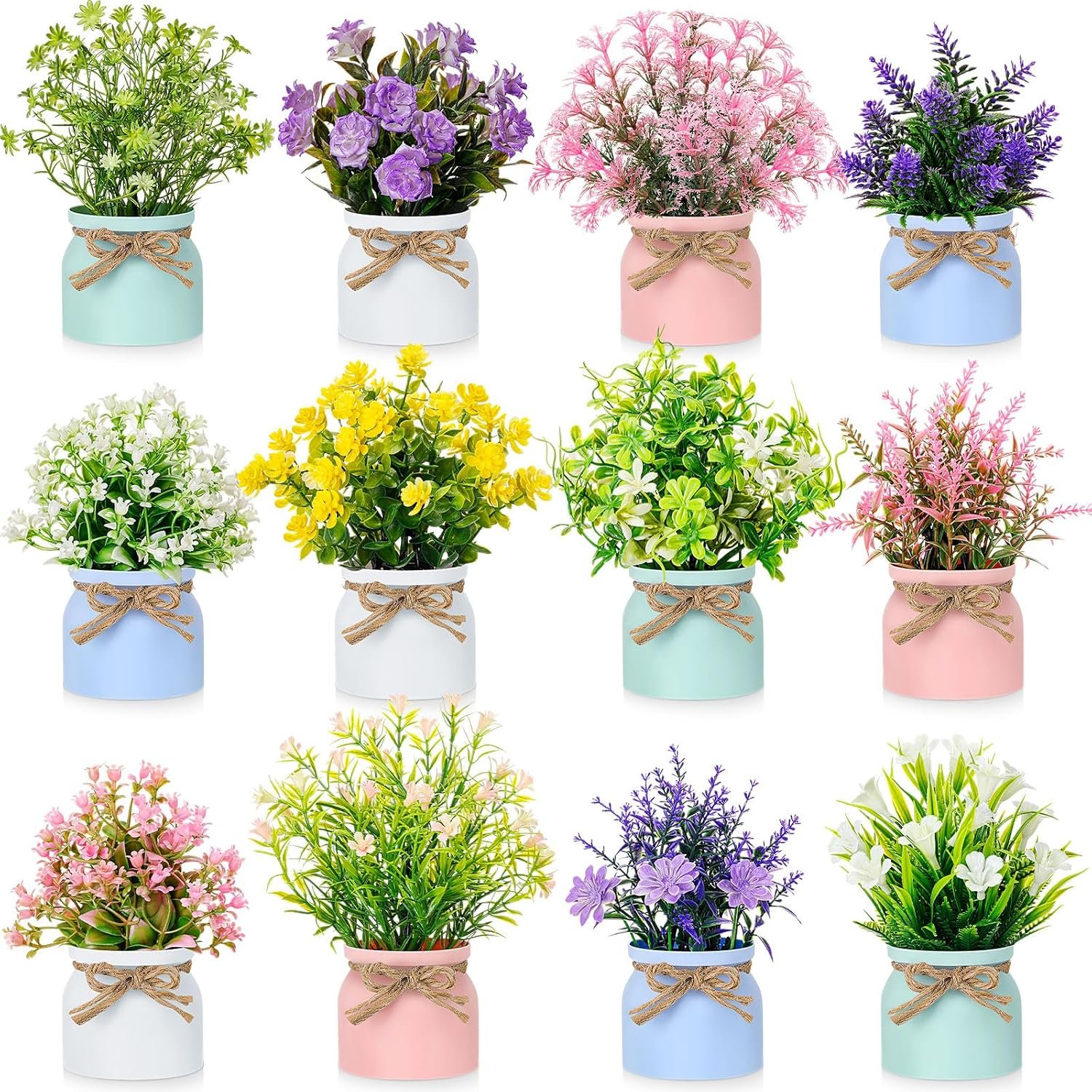 Suncalla 12 Pcs Artificial Flower Plants Small Fake Plants with Pot Mini Faux Potted Plant for Floral Tables Centerpieces Decoration Home Bathroom Office Window Tabletop Decor (Colorful Flower)