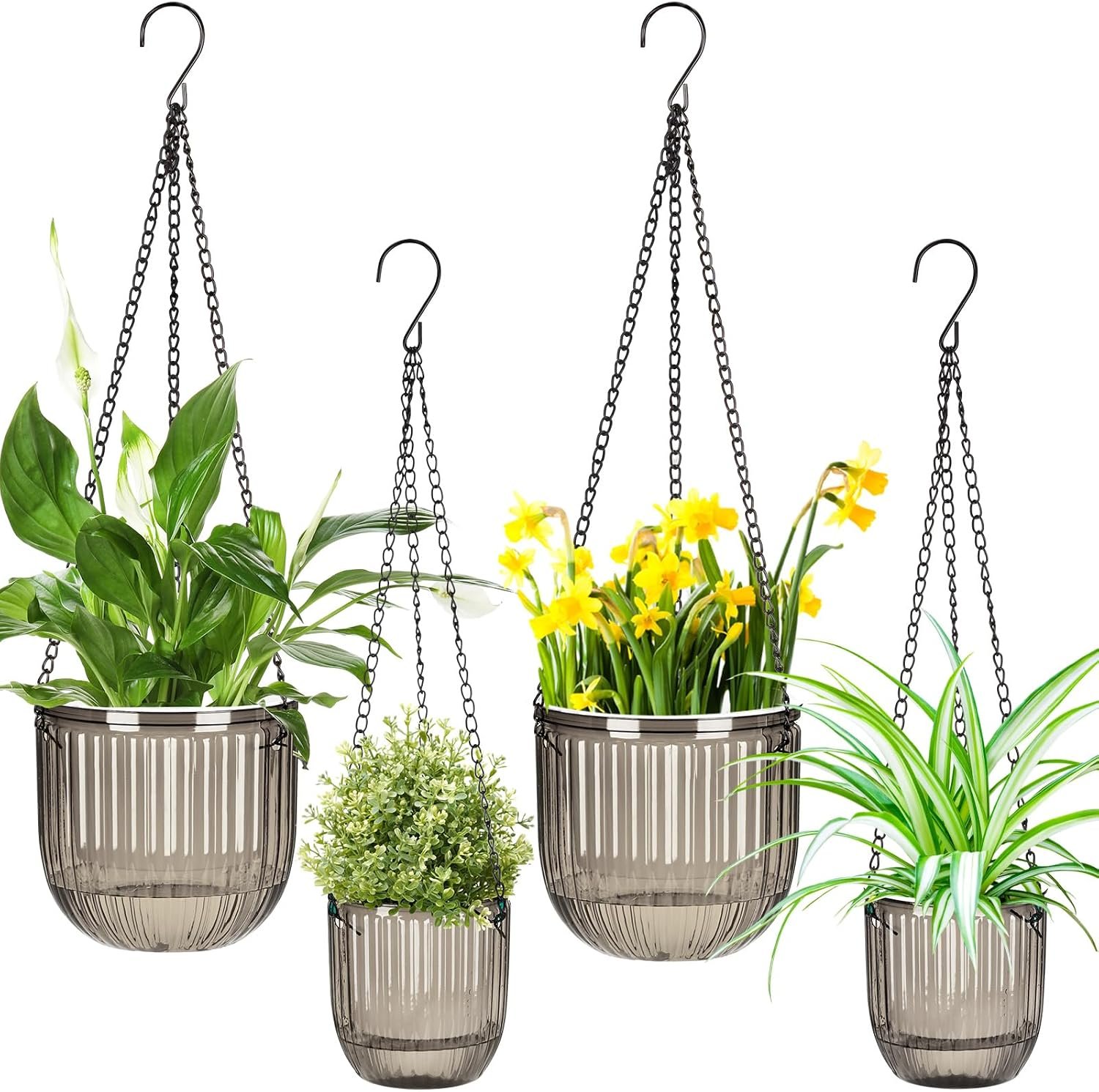 Maxcheck 4 Pcs Self Watering Hanging Planters Indoor Gift 6.5” 4.5” Hanging Flower Pots Baskets Outdoor Self Watering Plant with 3hooks Drainage Holes for Home
