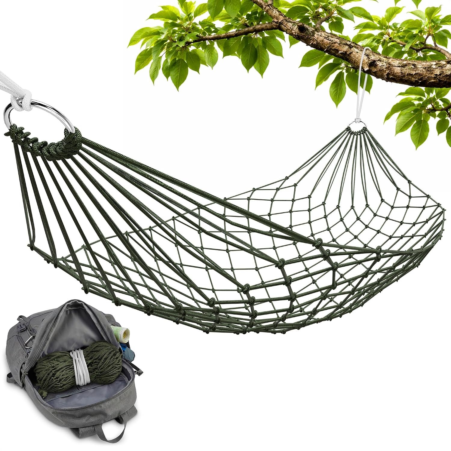 Mesh Hammock – Loop & Lounge Between Two Trees, Rope Hammocks for Outside Camping – No Stand Needed, 220 lb Capacity, Lightweight 13 oz Nylon Net Bed for Backyard Garden Patio Beach Travel, Dark Green