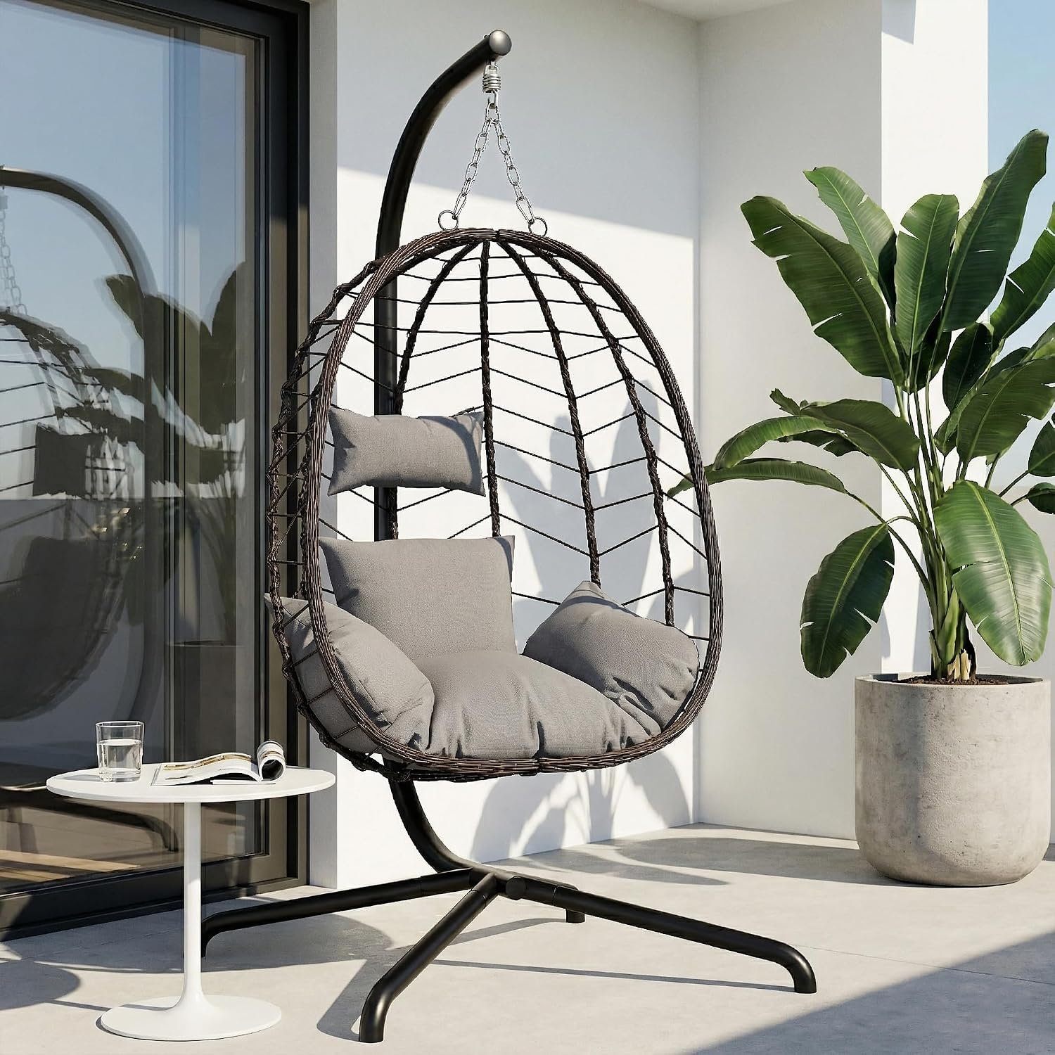 LEX CRAFT Hanging Egg Chair with Stand, Swinging Egg Chair Outdoor Indoor, Hanging Basket Chair with Cushion, Patio Wicker Hammock Chair 350lbs Capacity (Brown-Gery)