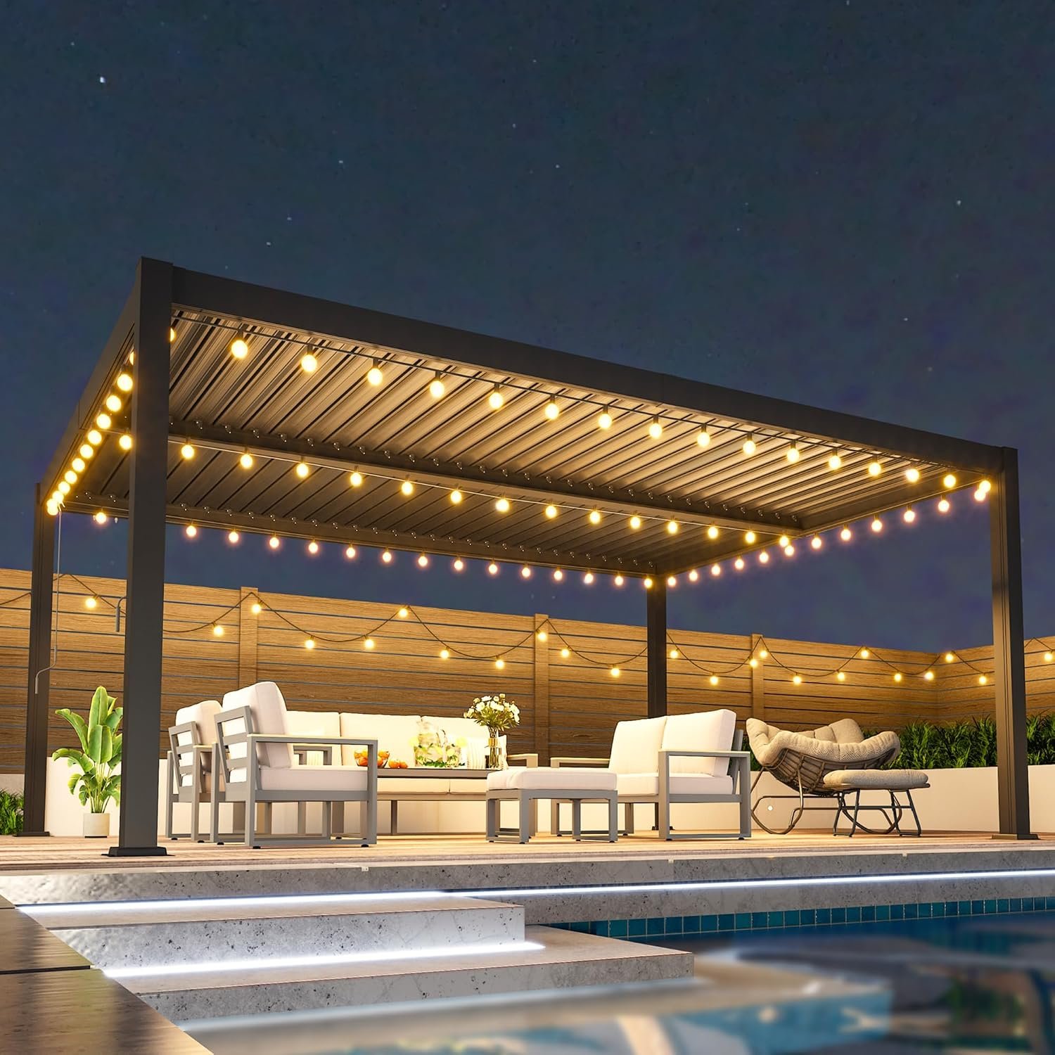 12′ x 16′ Louvered Pergola, Aluminum Frame Outdoor Pergola with Adjustable Louvered Roof & Integrated Gutter System, Hardtop Patio Gazebo for Backyard, Deck, Garden, Dark Gray