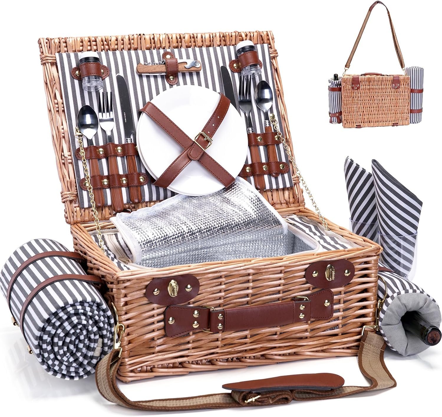 Picnic Basket with Blanket and Wine Pouch for 2 Wicker Picnic Set with Insulated Liner Cooler Bag Hamper for Camping,Wedding – Stripes