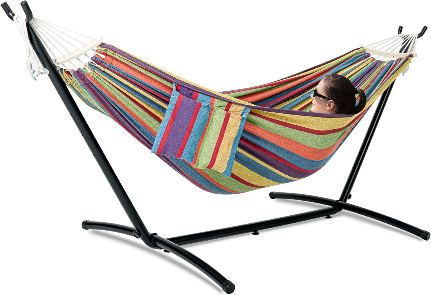 GAFETE Double Hammock with Stand for Outside, Upgraded Spreader Bar, Heavy Duty Space Saving Steel Stand 2 Person, Side Pockets, Easy Assembly, 600lbs Weight Capacity, Indoor & Outdoor (Classic Red)