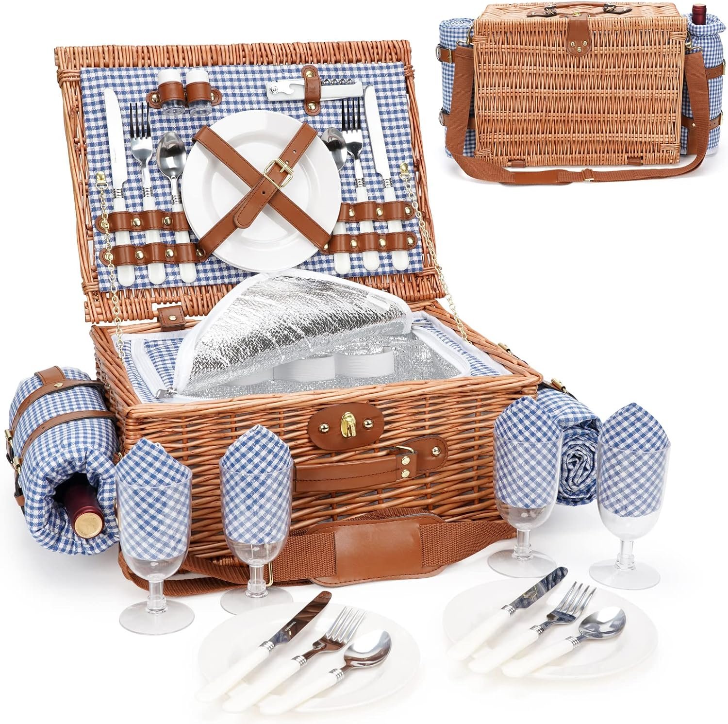 WILLOW WEAVE Picnic Basket for 4, Insulated Willow Picnic Baskets -Blue | Picnic Hamper with Waterproof Picnic Blanket, Handmade Wicker Hamper for Outdoor, Great Gifts for Thanksgiving, Christmas