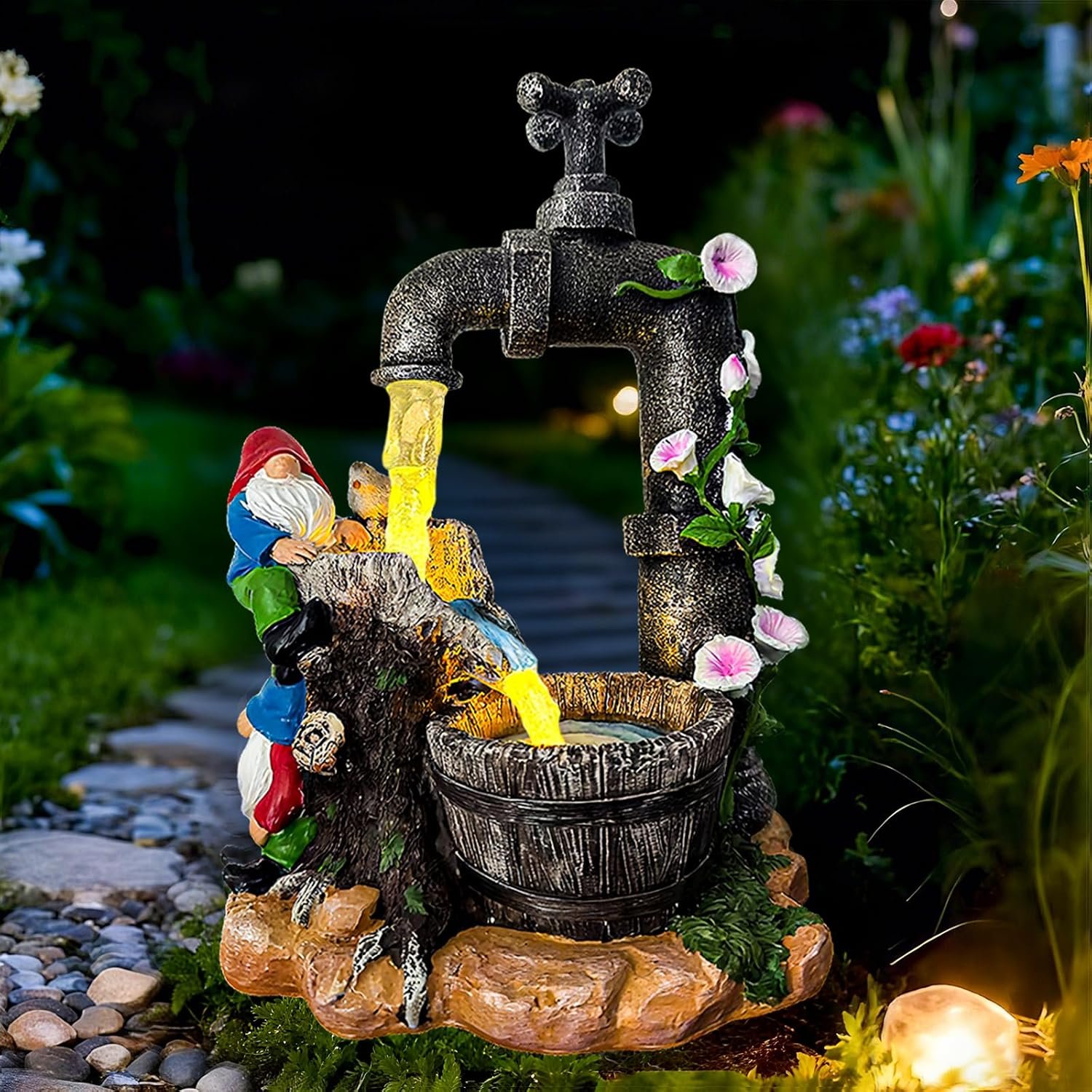 Solar Garden Gnomes Statues Outdoor Yard Decorations, 10″ Resin Fountain Gnome Outside Christmas Art Decor for Lawn Patio Porch Backyard,Unique Housewarming Gifts for Women Mom Grandma