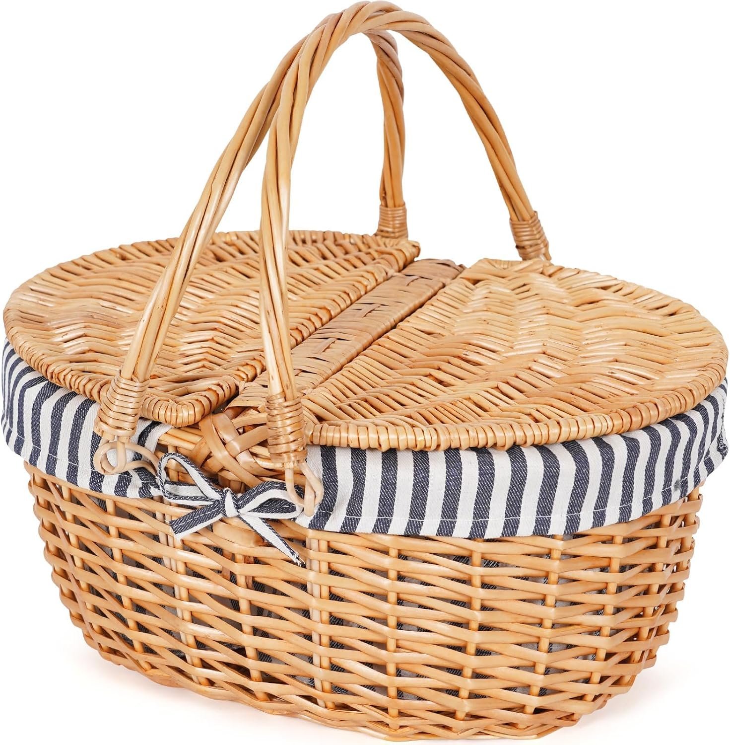 Happypicnic Wicker Picnic Basket with Handle, 15″ Large Empty Picnic Basket with Lid & Removable Liner, Vintage Hand Woven Basket for Picnics, Camping, Veg Picking, Mother’S Day, Thanksgiving (Stripe)