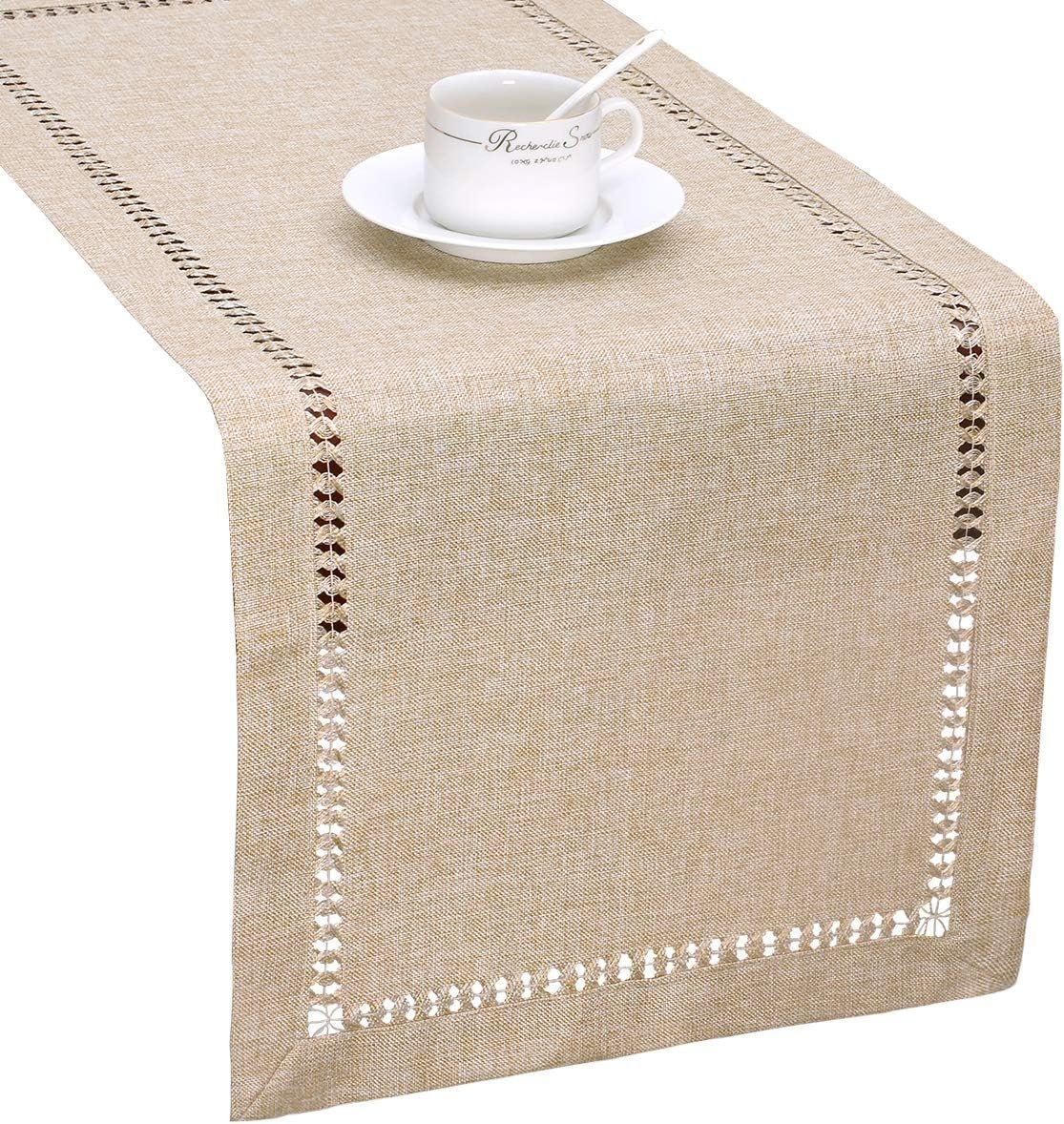 Grelucgo Handmade Hemstitch Beige Table Runner Or Dresser Scarf, Rectangular 14 by 72 Inch