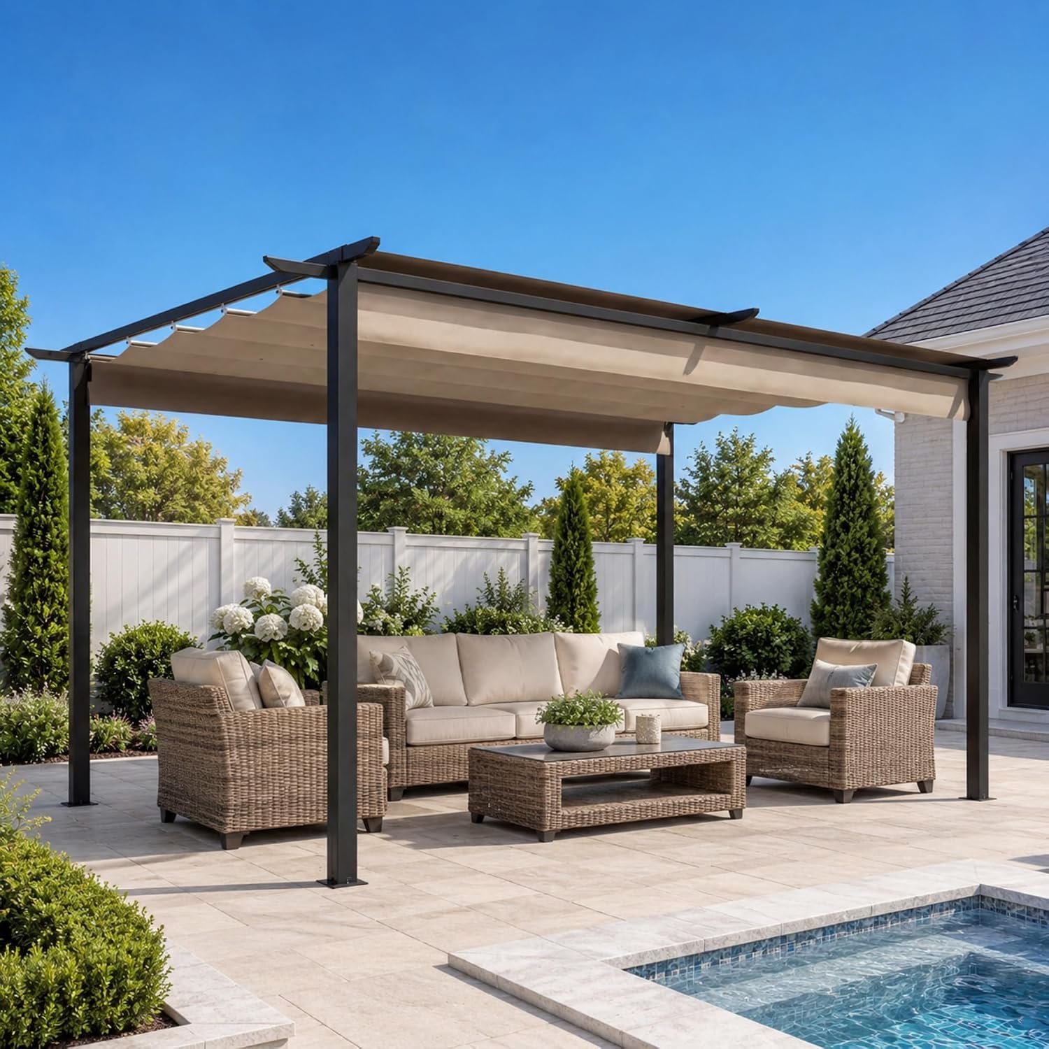 LAUSAINT HOME 10′ x 13′ Outdoor Retractable Pergola, Heavy-Duty Aluminum Pergola with Sun Shade Canopy for Garden, Backyard, Deck, Porch, Brown
