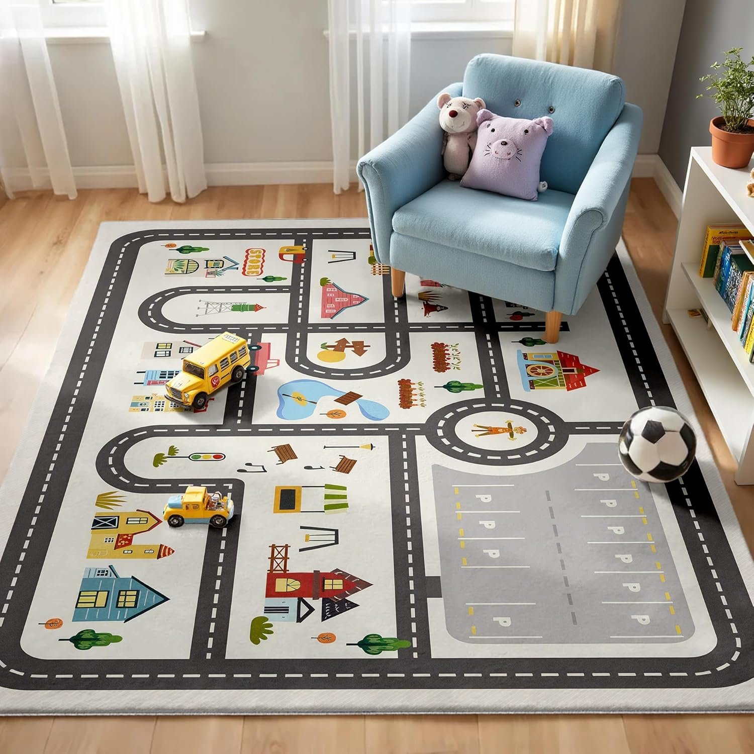 5x7ft Kids Town Road Play Rug – Non-Slip Faux Wool Carpet with Interactive City Map Design, Educational Toy Vehicle Mat for Kids, Bedroom Playroom Nursery Gift.