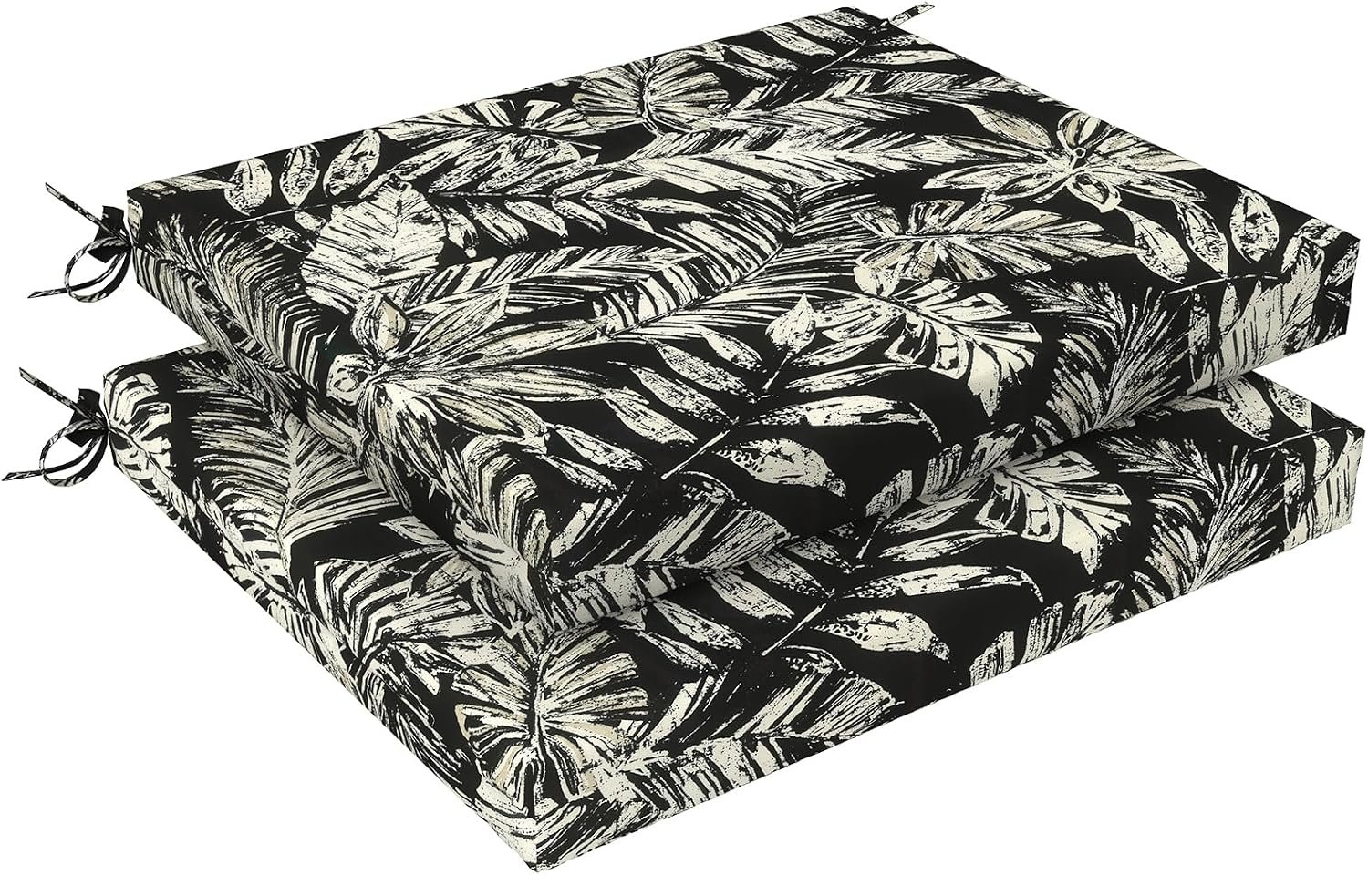 LVTXIII Outdoor Chair Cushions 18.5″x16″x2″ Pack of 2, Water-Repellent Square Corner Memory Foam Seat Cushions with Ties for Garden Patio Furniture, Tropical Leaf Black