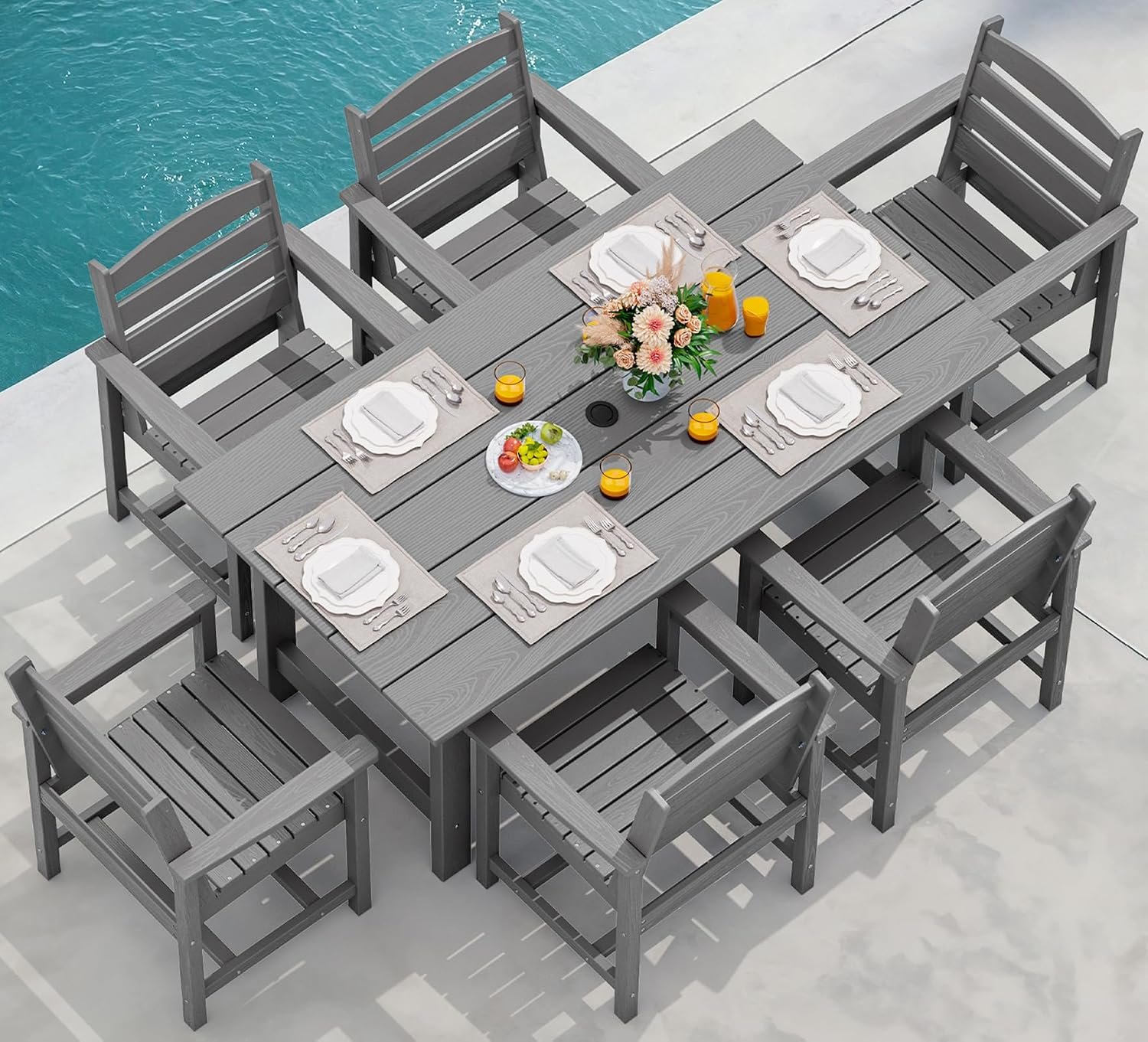 SERWALL 7 Pcs Outdoor Dining Set, 1 Umbrella Hole Table & 6 Chairs, Gray | HDPE Outdoor Dining Furniture with Rectangular Table & 6 Chairs, All-Weather Resistant SERWALL Dining Set for 6