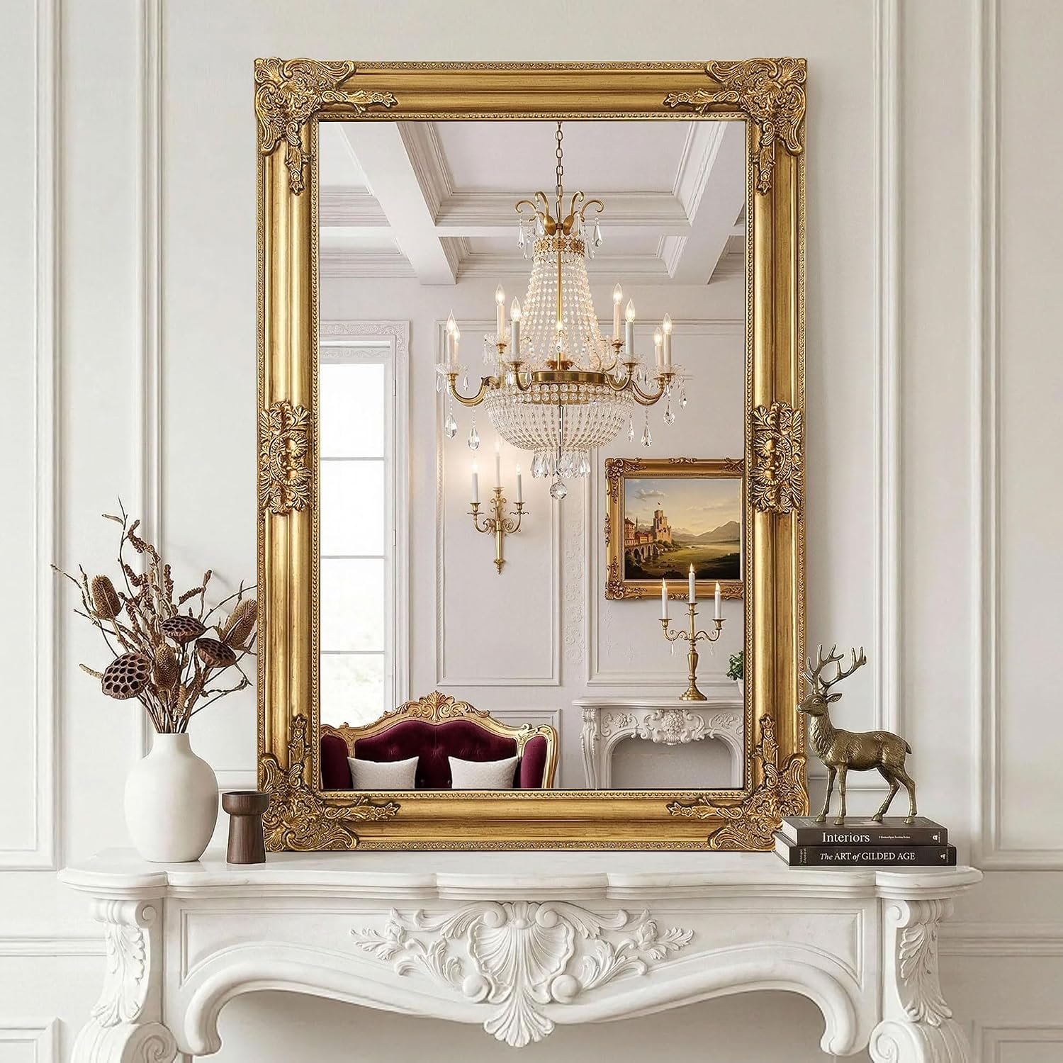 Vintage Gold Mirror for Wall, 28″x40″ Antique Decorative Ornate Baroque Mirror for Living Room, Entryway, Bathroom, Fireplace(Antique Gold)