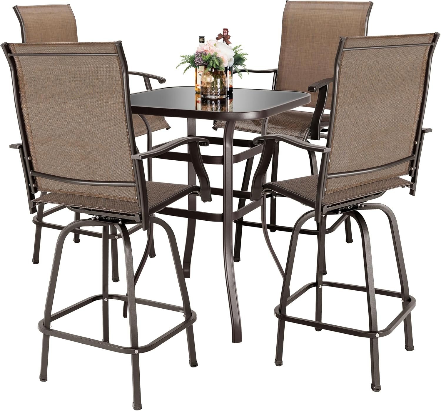 NUU GARDEN 5 Piece Patio Bar Set with Glass Table and 4 Swivel Chairs,Black&Brown