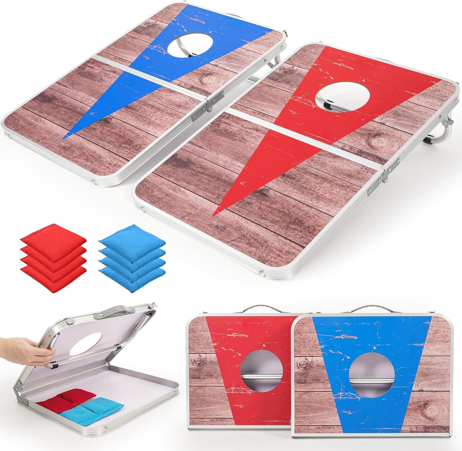 ROPODA Portable Cornhole Board Set,24×16 / 30×20in Corn Hole Games for Adults with 8 Bean Bags, Lightweight Aluminum Alloy Edging Cornhole Set for Outdoor Games, Beach and Tailgates