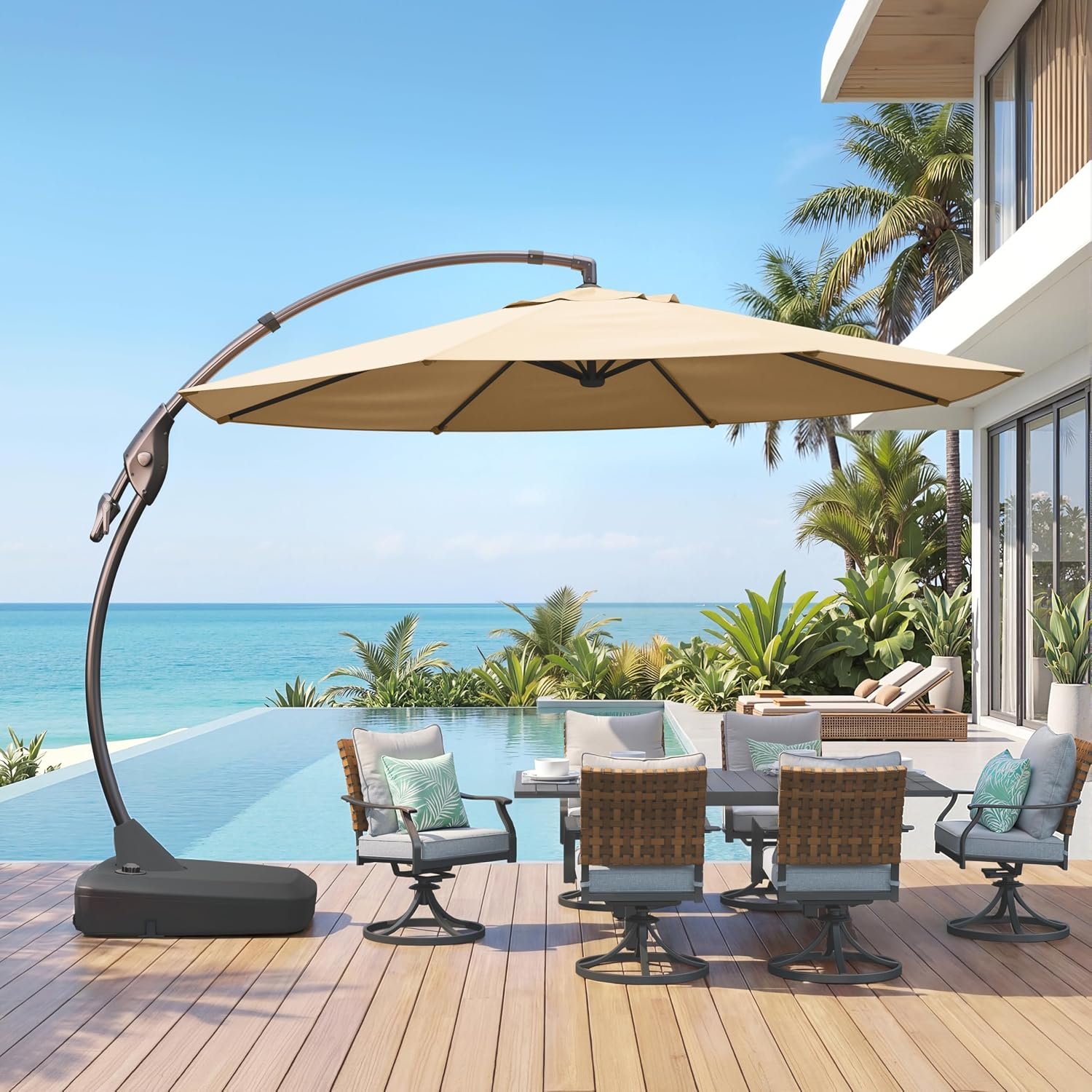 Grand patio 12 FT Sunbrella Cantilever Umbrella with Base Outdoor Aluminum Offset Umbrella with Tilt Adjustment (Flax, 12 FT-SUNBRELLA)