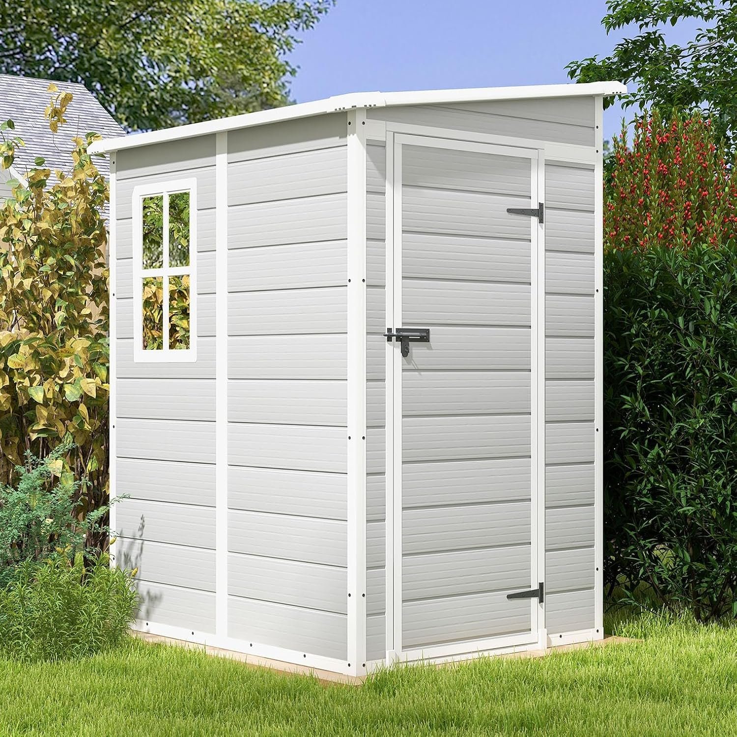 Patiowell 5×4 FT Outdoor Storage Shed with Floor, Resin Outside Storage Shed with Floor & Lockable & Window Door for Patio Furniture, Garden Tools and Bicycle, Light Gray