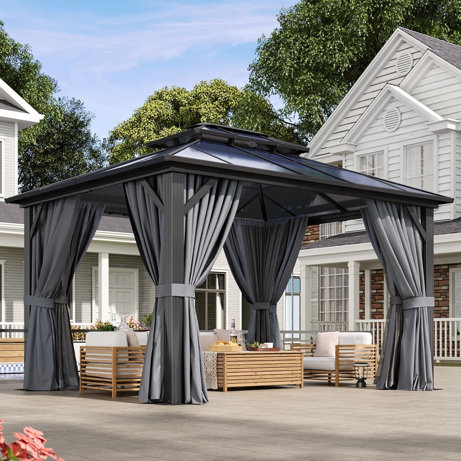 Aoxun 10’x12′ Hardtop Gazebo, Metal Frame Permanent Pavilion with Curtains and Netting, Outdoor Polycarbonate Double Roof Canopy for Garden, Lawns, Patio
