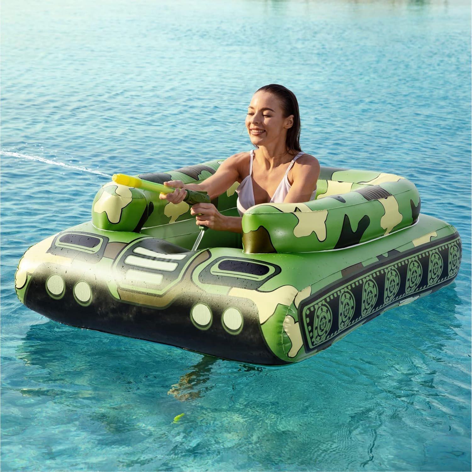 Tank Pool Floats Kids Adults – Jasonwell Inflatable Pool Floaties Swimming Pool Tank with Water Cannon Gun Swim Floaty Rafts Lake Beach Party Pool Toys for Boys Girls Toddlers Kids Adults (Green, L)