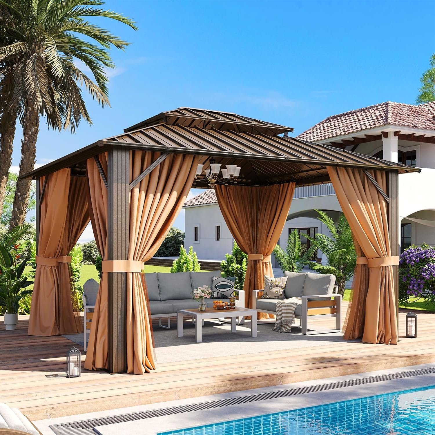 Aoxun 10×12 Gazebo Outdoor Hardtop Gazebo with Double Galvanized Steel Roof Metal Frame Pavilion with Breathable Netting and Privacy Curtain for Backyard (Brown)