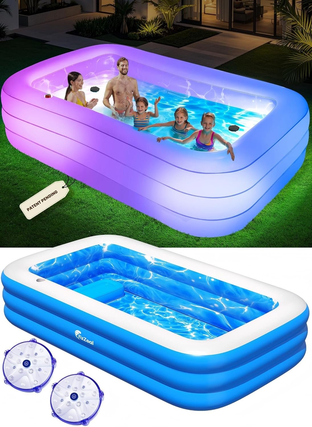 Inflatable Pool with Pool Lights and Seat, Durable Thickened Large Size Family Inflatable Pools for Adults Blow Up Pools,110″ x 63″ x 20″Swimming Inflatable Kids PooI for Backyard,Outdoor (White)
