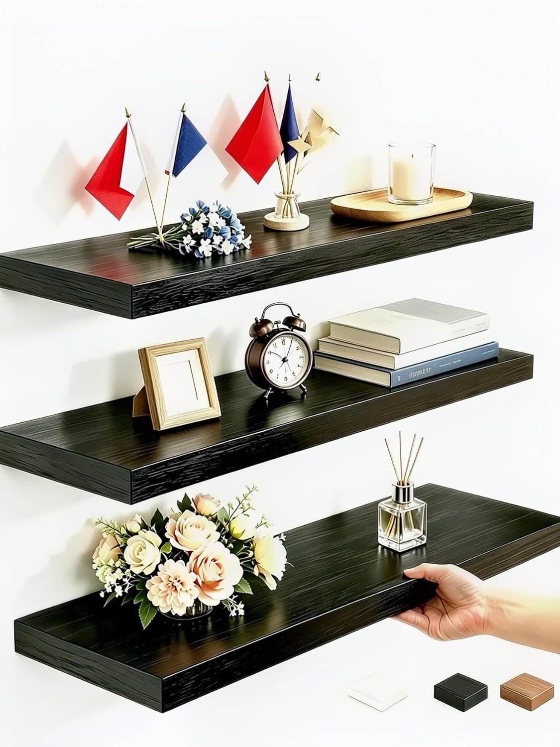 Vervida® Black Rustic Floating Wall Shelves 15in Set of 3 Hidden | 3 Black Floating Shelves 15in for Living Room, Holds 30 Lbs Easy Install, Home Decor Display Storage Compact Wall Shelves