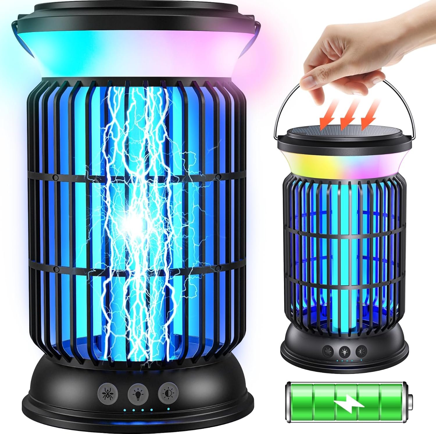Solar Bug Zapper Outdoor, 4 in 1 Outdoor Essential, 4200V Mosquito Zapper with Ambient Light, Smart Auto Mode, Solar USB Power for Camping Patio Garden Outdoor Living