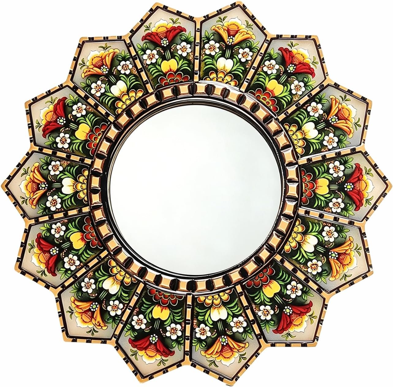 Sunburst Flower Decorative Wall Mirror Mandala Floral Hand-Painted Wooden Frame Shatterproof Acrylic Hanging Mirror Rustic Moroccan Boho Home Decor Farmhouse Wall Accent Mirror for Housewarming Gift