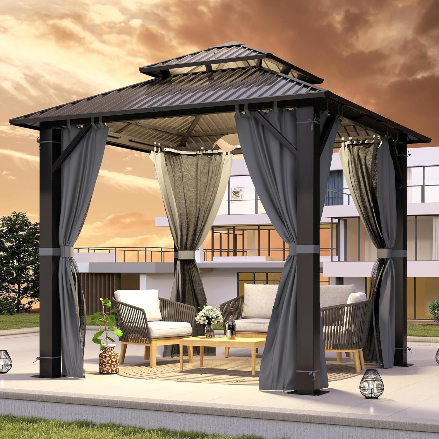 GARTOO 8.5×8.5FT Outdoor Hardtop Gazebo with Double Roof | Aluminum Heavy-Duty Steel Top Gazebo with Breathable Netting & Privacy Curtain for Patio, Porch, Garden, Lawn, Deck, Backyard