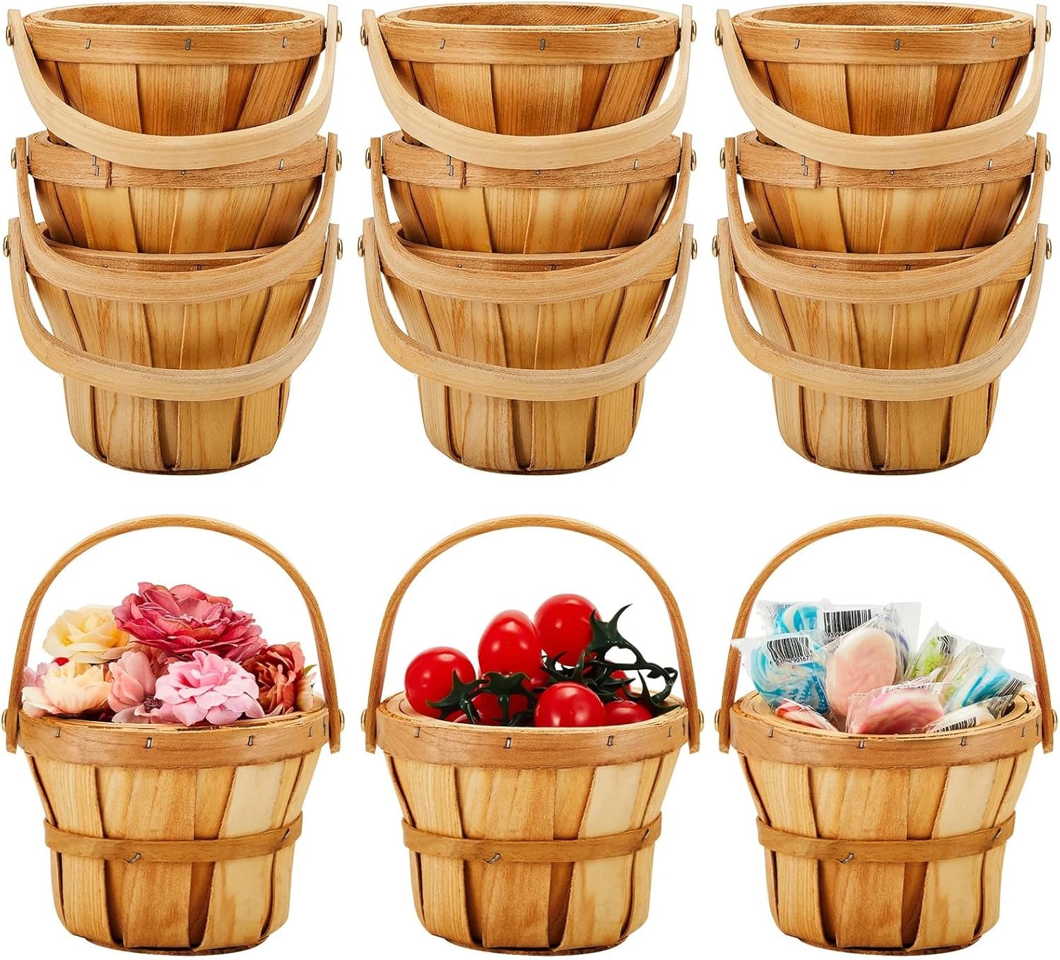 Marsui 10 Pcs Small Wooden Berry Baskets – 4 x 5.1 Inch Handcrafted Beach Baskets with Reinforced Handles, for Fruit, Market, Crafts, Gifts, Garden Picking & Decor (Brown)