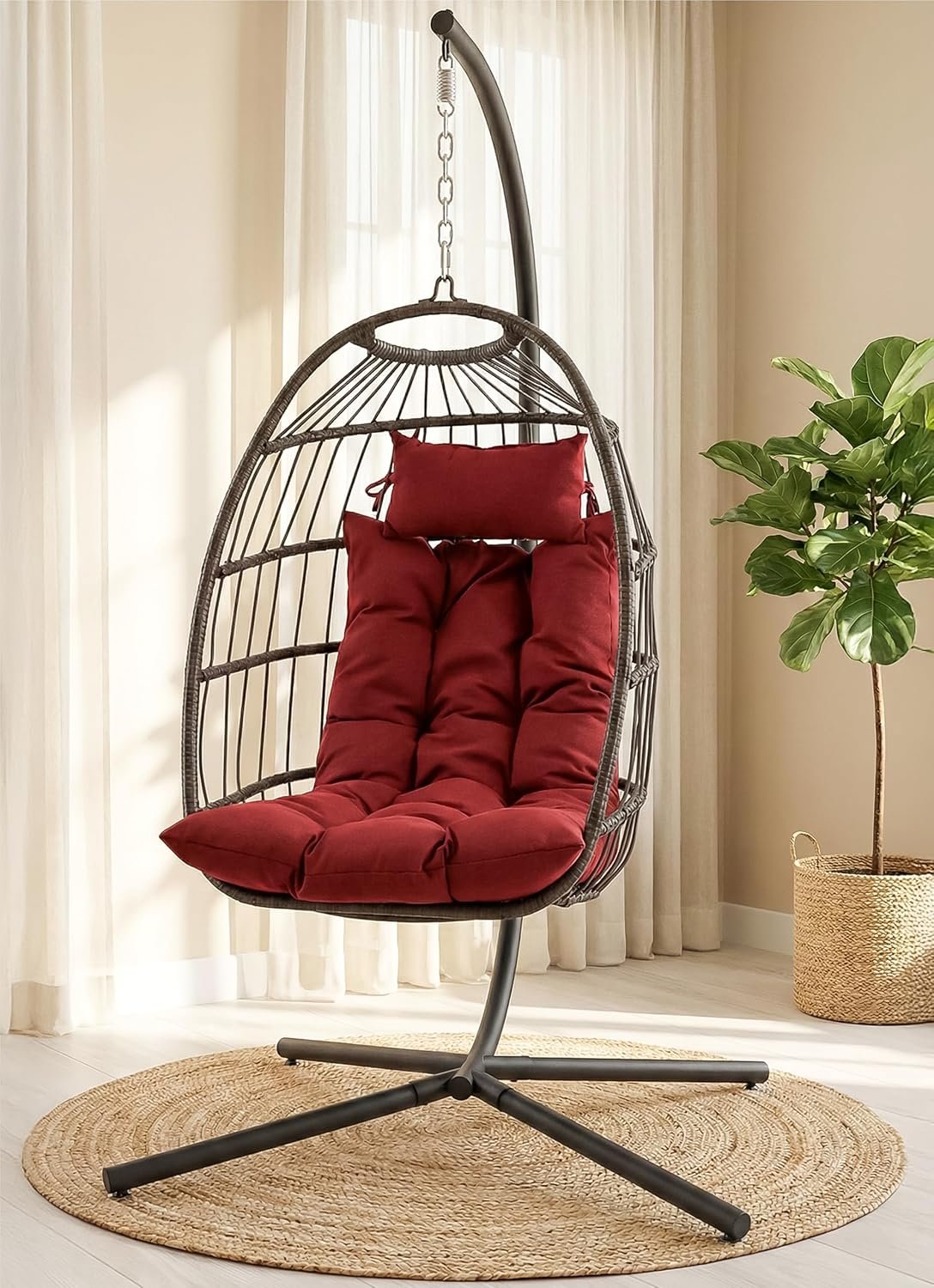SereneLife Hanging Egg Chair w/Stand – Wicker Rattan Swing, Padded Cushion | Foldable Design, Weather-Resistant Cushion & Padded Headrest Included, 350 lb Capacity, Great for Patio, Backyard & Bedroom.