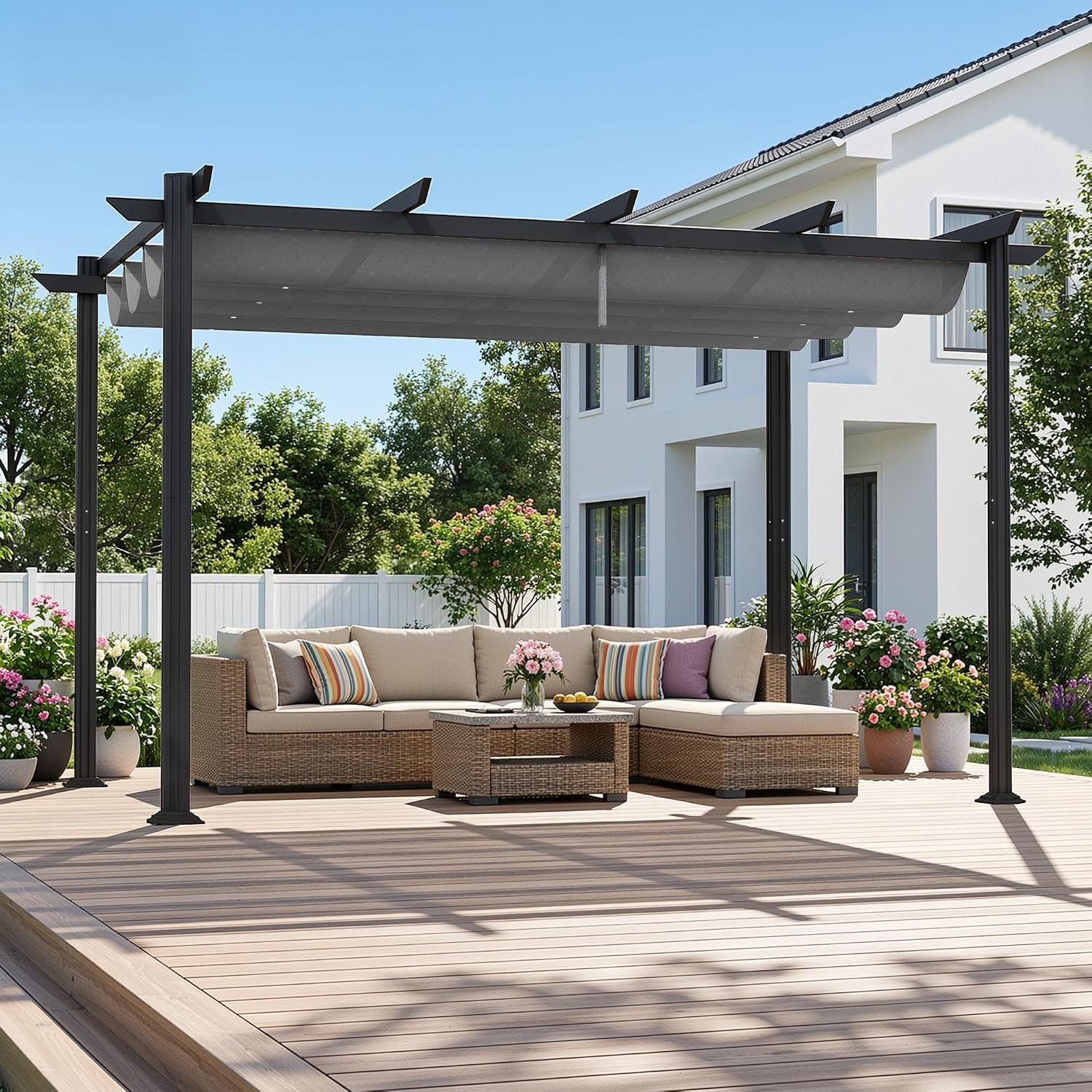 Ahomly 12′ X 8′ Outdoor Retractable Pergola with Sun Shade Canopy, Patio Metal Shelter for Garden/Porch/Beach, Heavy Duty Adjustable Pavilion Grill Gazebo, Modern Yard Grape Trellis Pergola, Gray