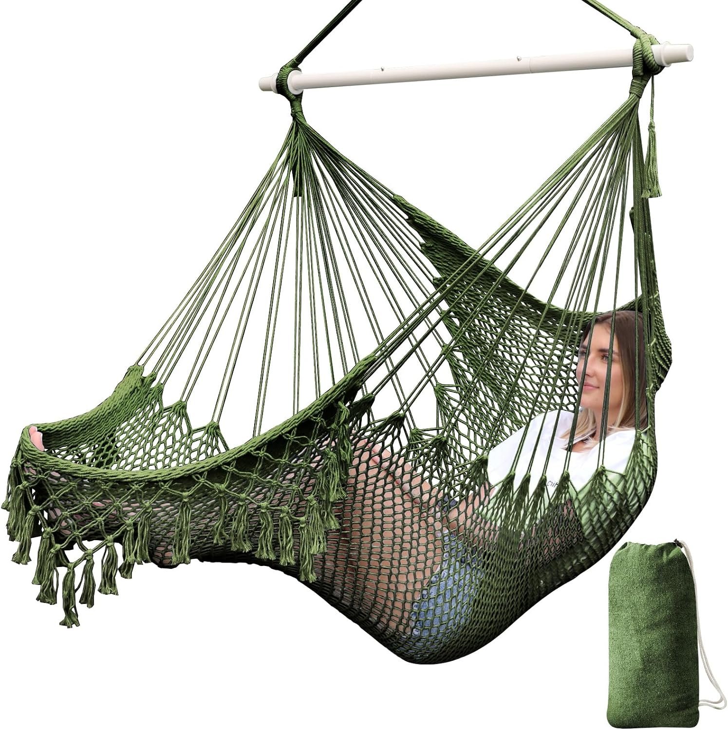 Chihee Hammock Chair Handmade Woven Mesh Hanging Seat Metal Spreader Bar | Cotton Blended Rope Hanging Chair Ventilated Soft-Spun Large Stretch Hammock Swing, Elegant Macrame Indoor Outdoor Garden