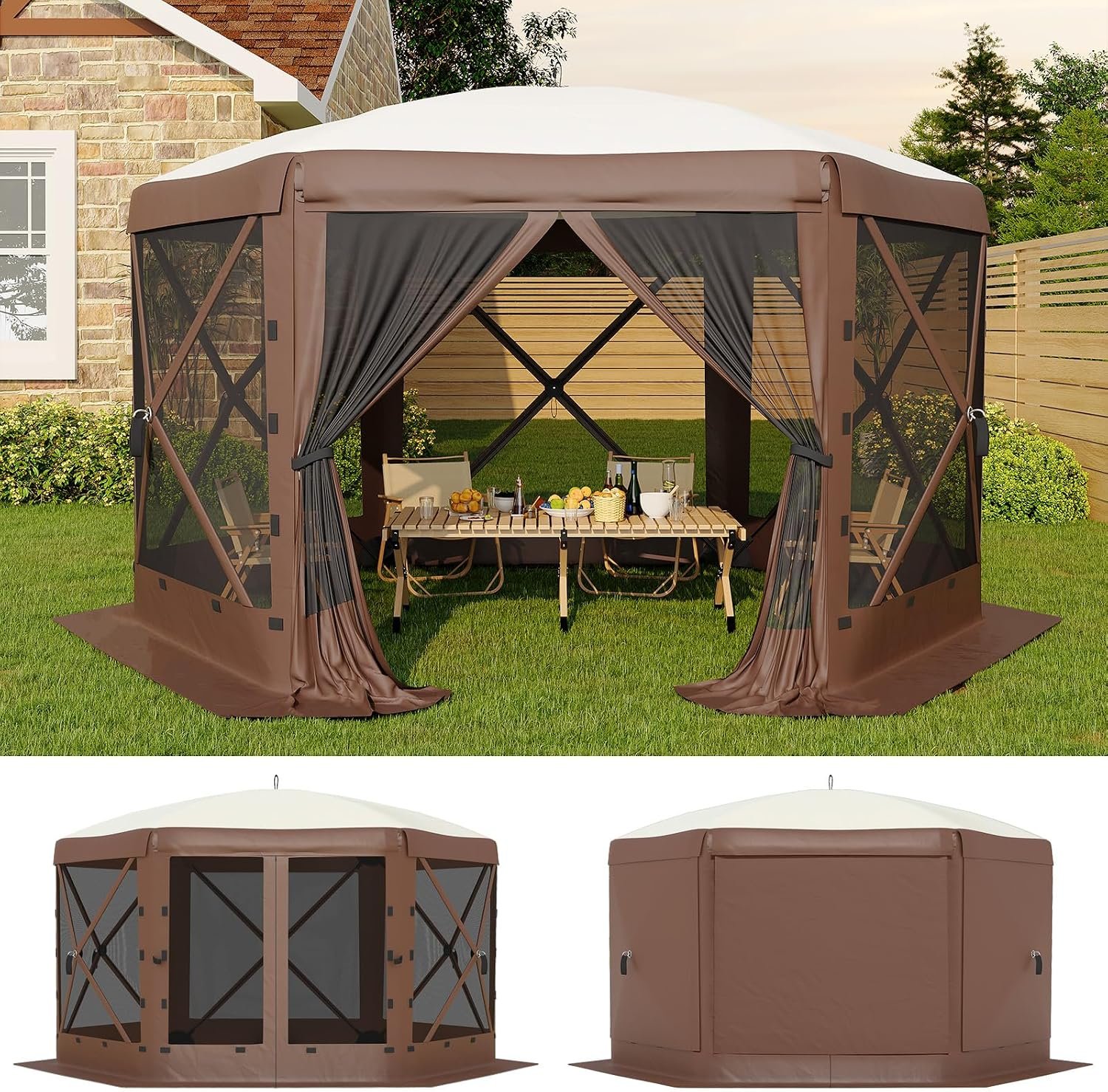 GarveeLife 11.5×11.5FT 6-Sided Pop Up Gazebo Tent，One-Push Setup Canopy Tent with Mesh Panels & Removable Wind Cloths, Outdoor shelter for Camping, Backyard Parties, Outdoor Events – Beige & Khaki
