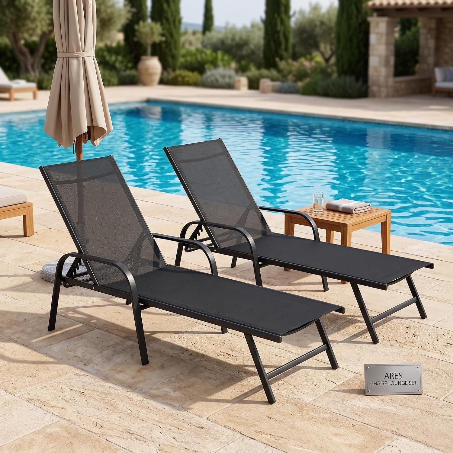 Garvee Outdoor Textilene Chaise Lounge Chairs Set of 2, Adjustable Patio Reclining Lounge Chairs, All Weather Mesh Sunbathing Chairs with Steel Frame for Poolside, Garden, Beach, Backyard