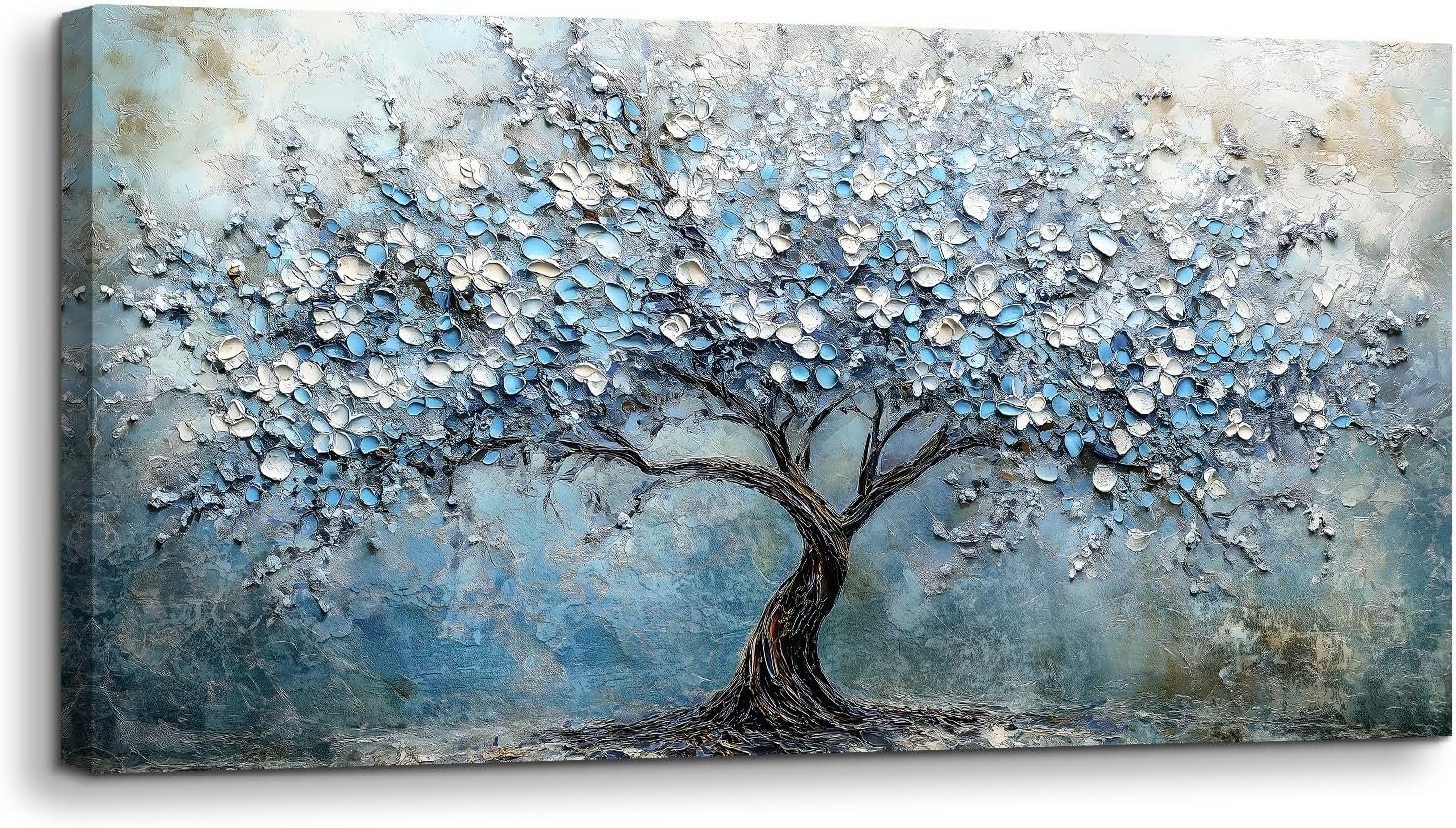 crmotu Tree of Life Large Wall Art, Cherry Blossom Abstract Canvas Painting, Blue Flowers Tree Art Prints, Modern Neutral Aesthetic Pictures Wall Decor Living Room Bedroom Bathroom Office 20″X40″
