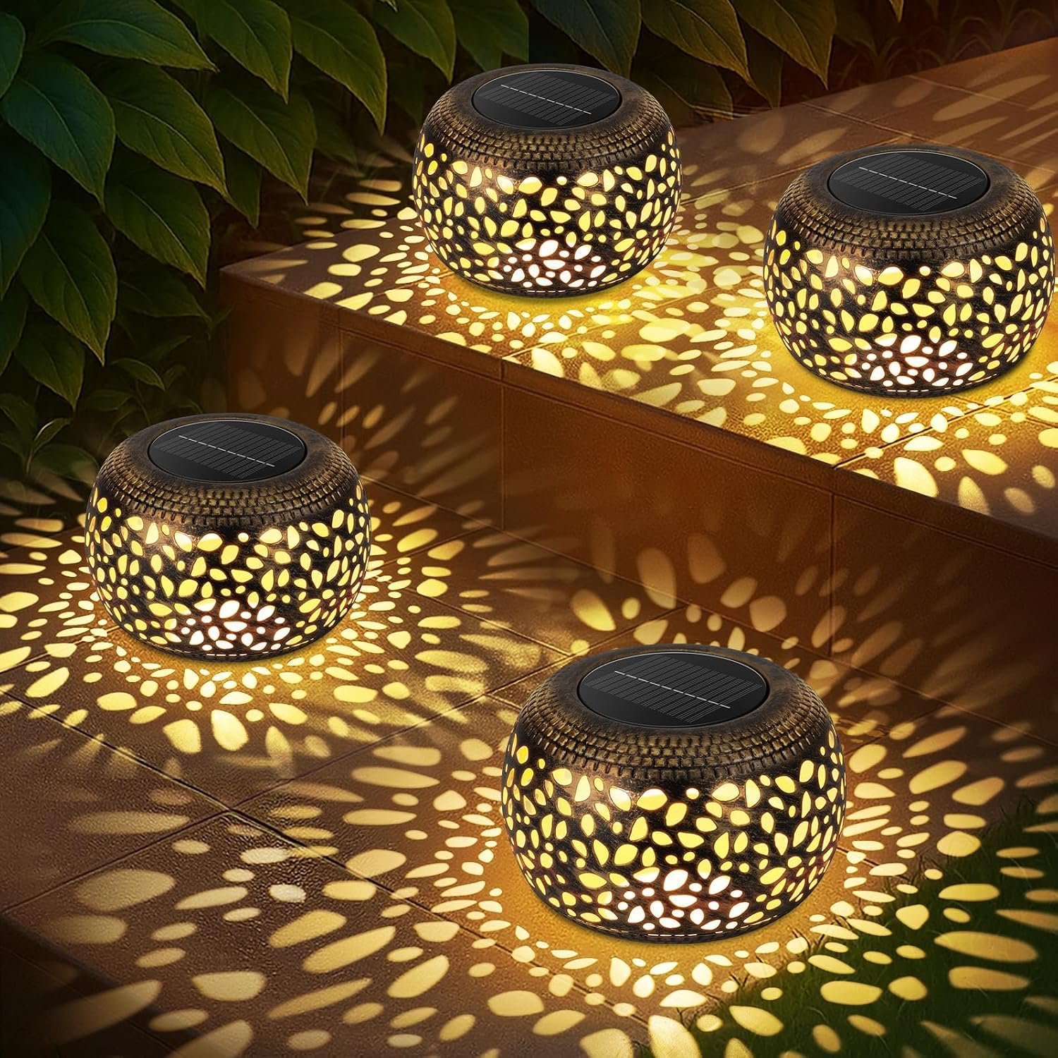 Outdoor Solar Lanterns Patio Decor: 4 Pack Bronze Waterproof Solar Lights | Hollow Out Retro Metal Garden Lantern, Warm White & Cool White, Tabletop Balcony Yard, Birthday Gifts for Mom & Garden Lovers