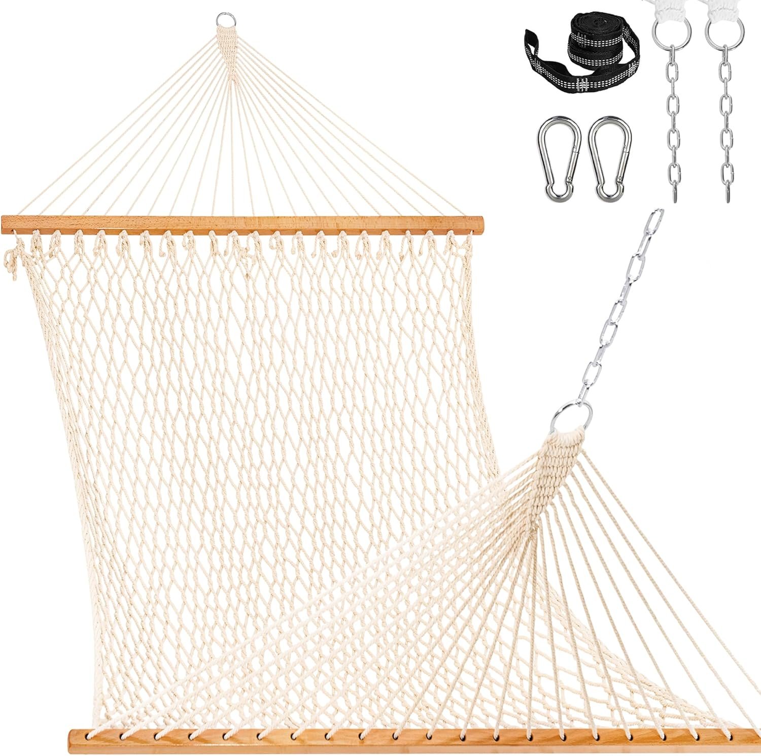 Lazy Daze Hammocks 12FT Double Rope Hammocks, 2 Person Hand Woven Cotton Hammock with Spreader Bar for Outside, Patio, Poolside, FIT 13-15 FT Stand, Max 450 Lbs, Natural, 141 x 57 inches