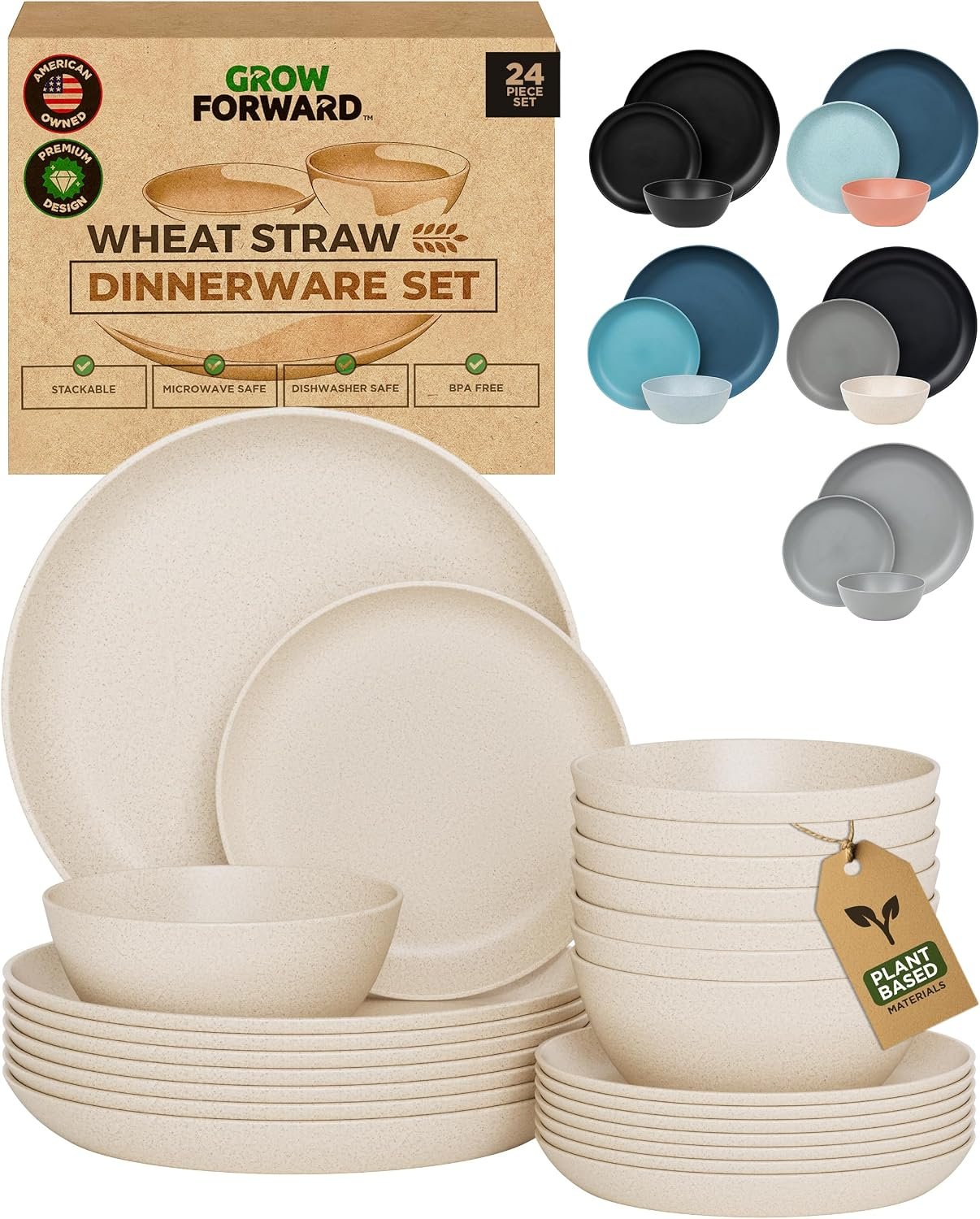 Grow Forward 24-piece Premium Wheat Straw Dinnerware Sets for 8 – Unbreakable Dishwasher & Microwave Safe Plastic Plates and Bowls Sets – Patio, Outdoors, RV, Camping Dishes – Sahara