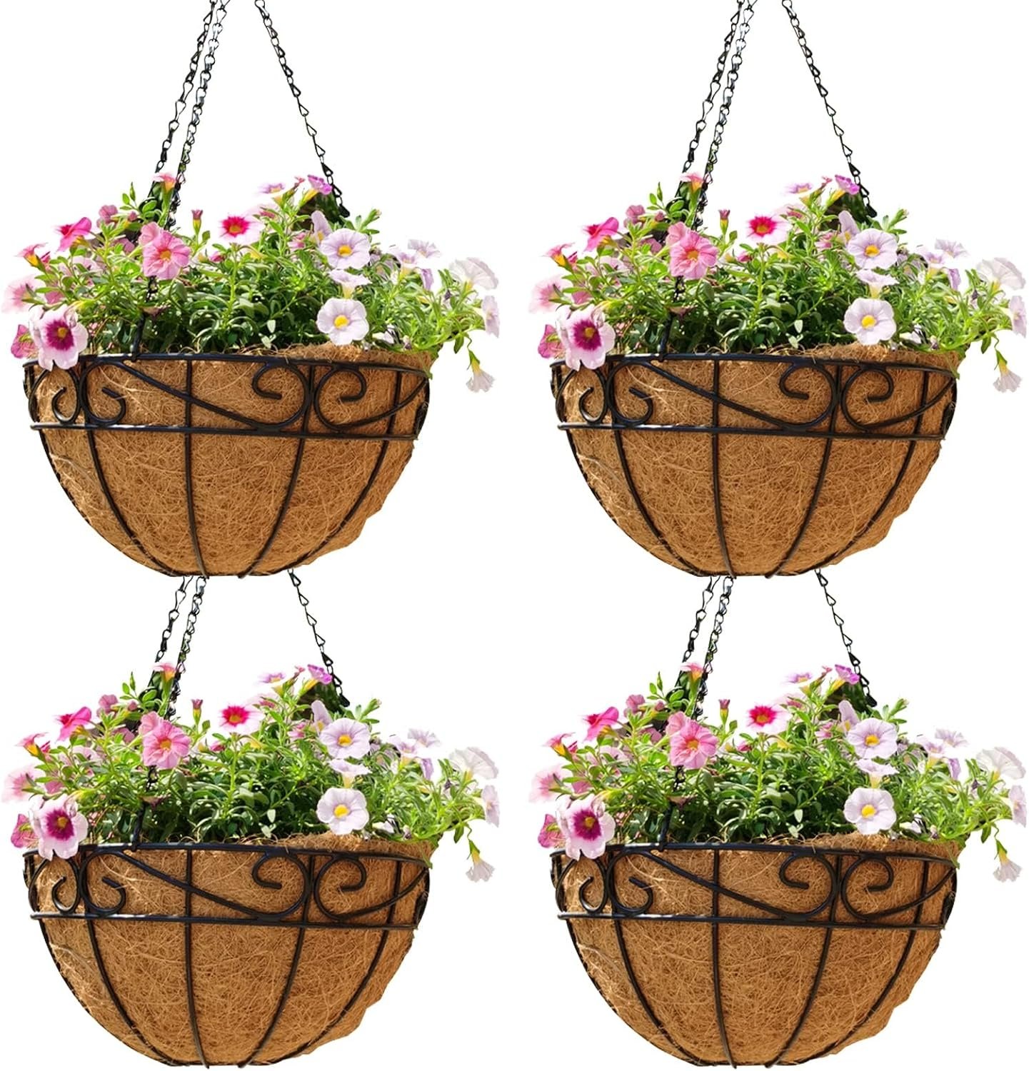 10 inch Metal Hanging Baskets For Plants Outdoor 4 Pack Round Metal Wire Hanging Basket Planter with Coco Fiber Liners Chain Round Wire Plant Holder for Garden, Patio, Deck, Porch Plants Flower Potsss